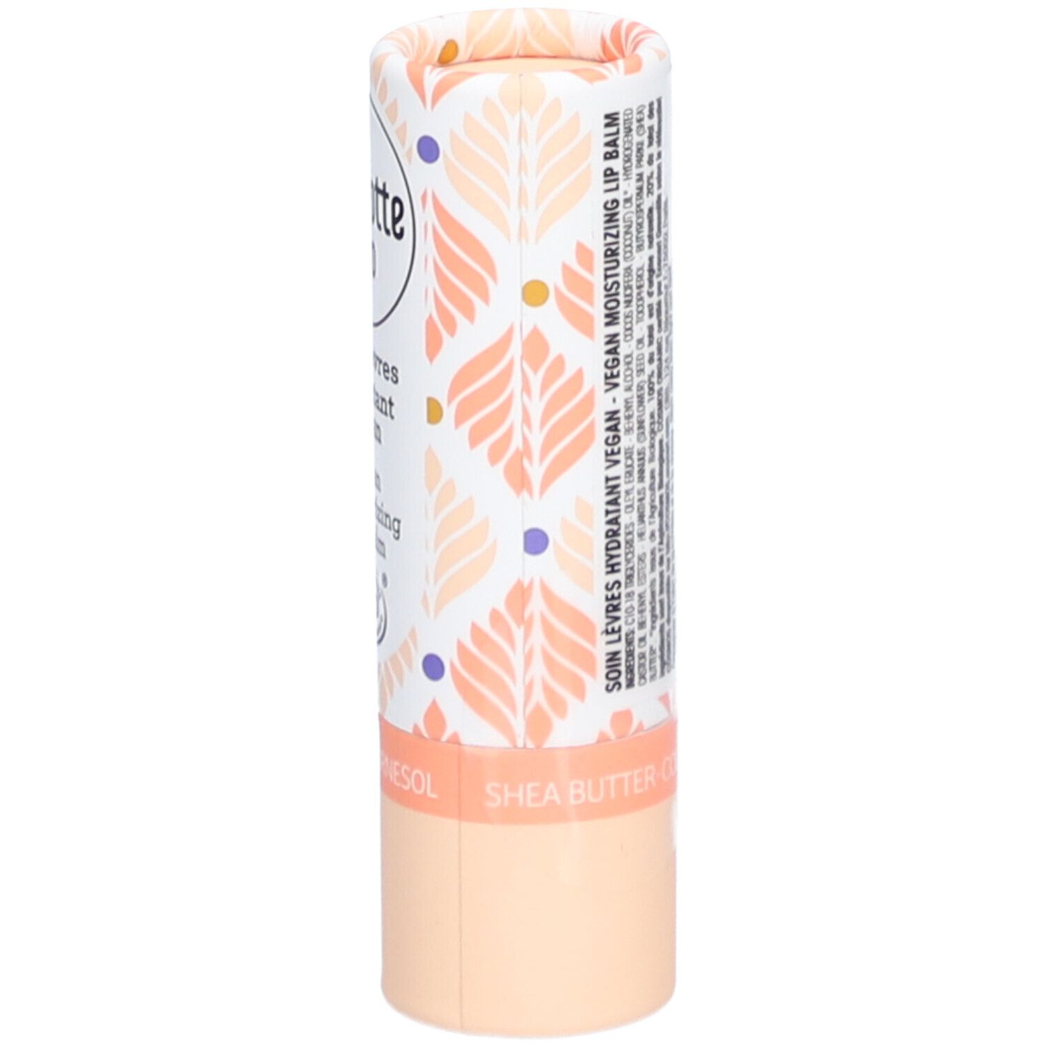 Emballage de baume à lèvres. Cylindrique, blanc avec motif floral. Inscription: Charlotte Bio, Soin lèvres hydratant vegan, Vegan moisturizing lip balm. Label BIO.
