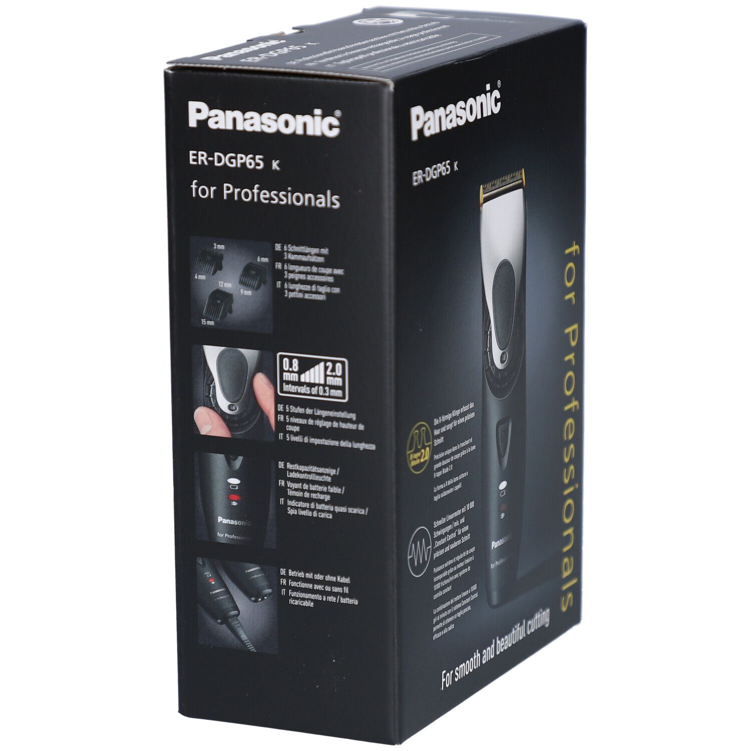 Produktverpackung mit Panasonic ER-DGP65 K Haarschneider. Seitenansicht mit Produktabbildungen und technischen Details. Text: "for Professionals".