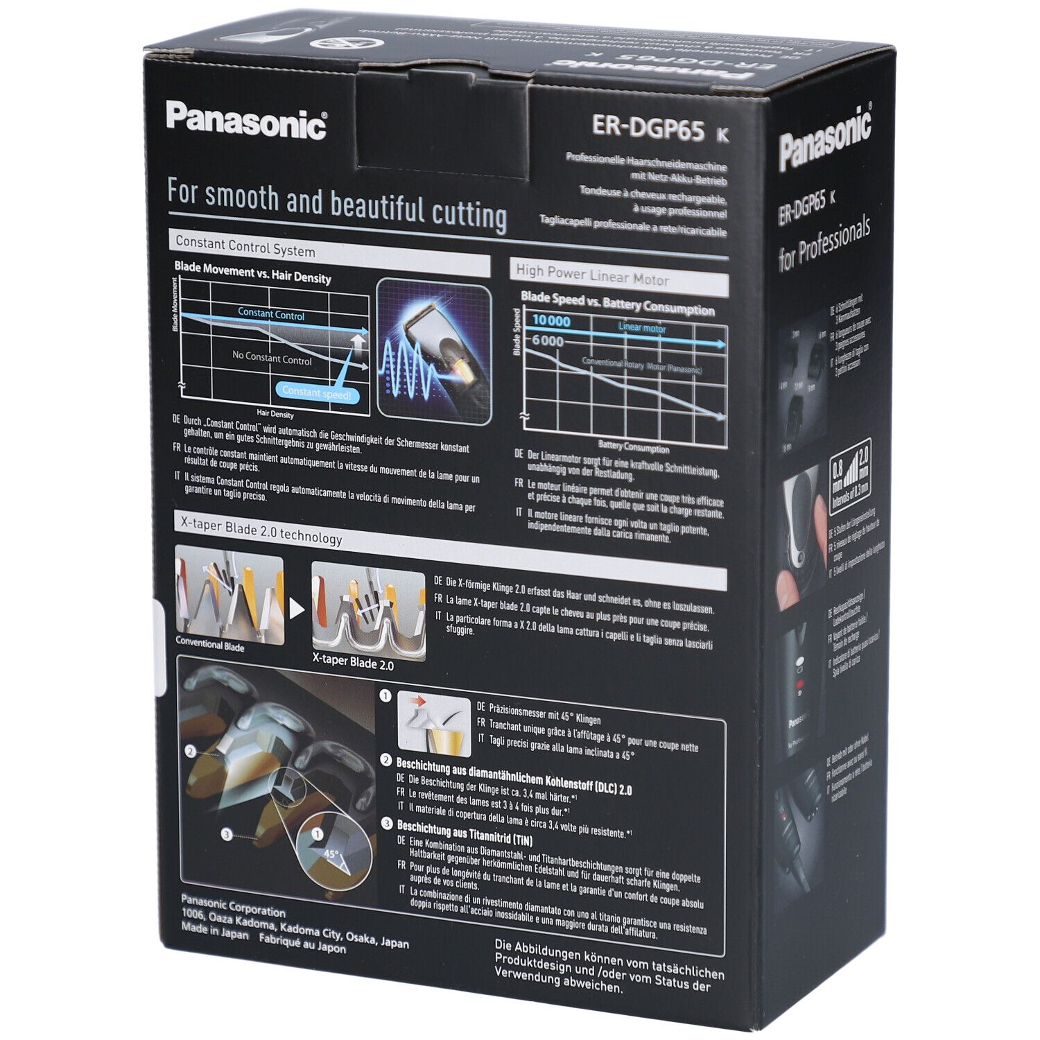 Produktverpackung mit Panasonic ER-DGP65 K Haarschneider. Rückseite mit Diagrammen und technischen Informationen. Text: "for Professionals".