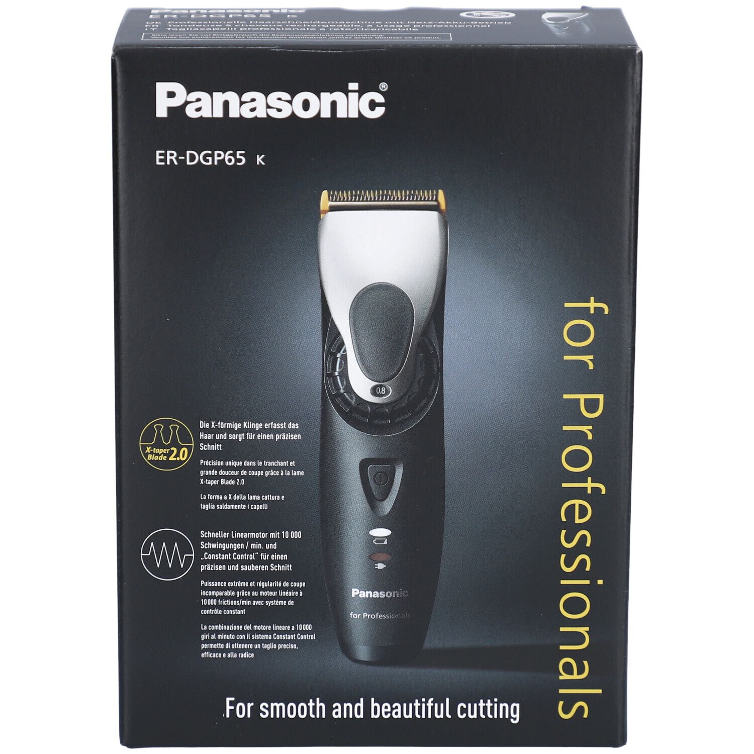 Schwarze Produktverpackung mit Panasonic ER-DGP65 K Haarschneider. Vorderansicht mit Produktabbildung und Text: "for Professionals".