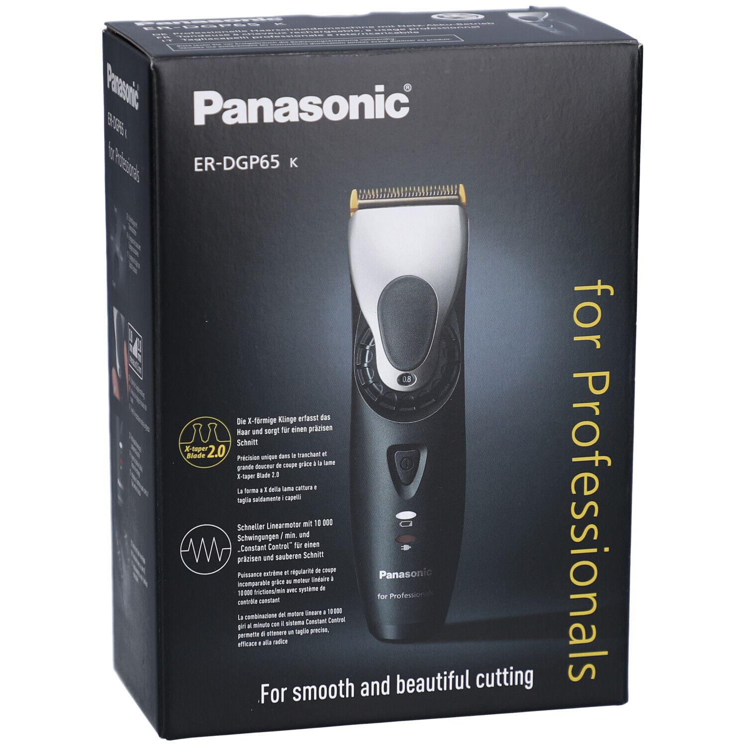 Produktverpackung mit Panasonic ER-DGP65 K Haarschneider. Vorderansicht mit Produktabbildung und Text: "for Professionals".