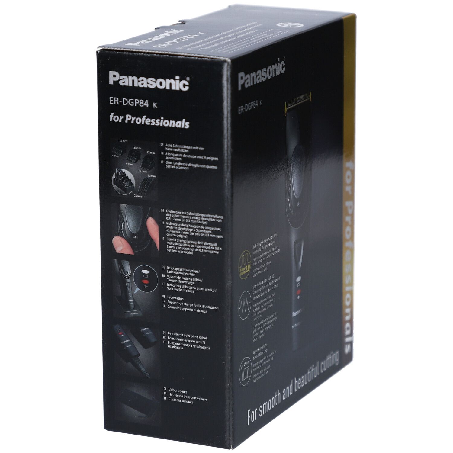 Schwarze Produktverpackung, Seitenansicht. Panasonic-Logo und Text: "For Professionals" und "For smooth and beautiful cutting".