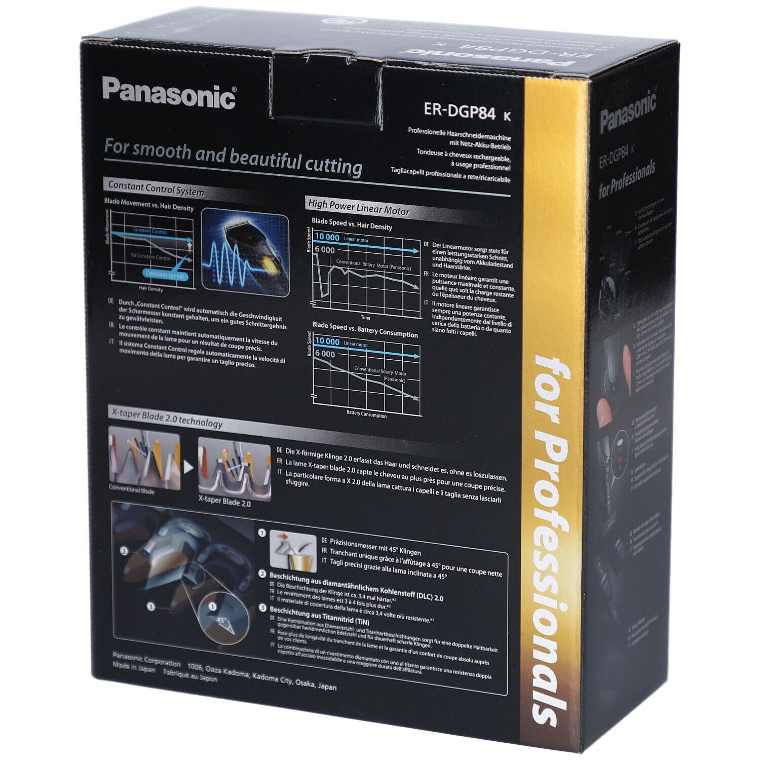 Rückseite der schwarzen Produktverpackung. Panasonic-Logo, Produktinformationen und Text: "For Professionals".