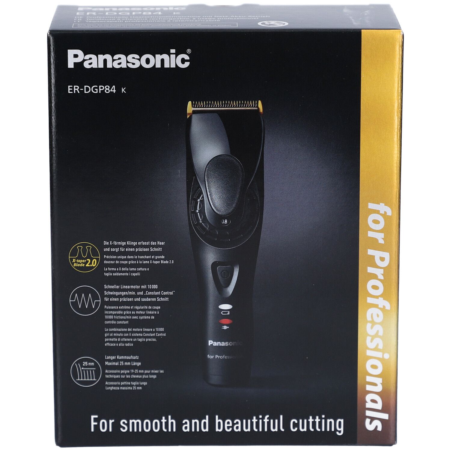 Schwarze Produktverpackung mit Panasonic-Logo und Haarschneider-Abbildung. Text: "For Professionals" und "For smooth and beautiful cutting".