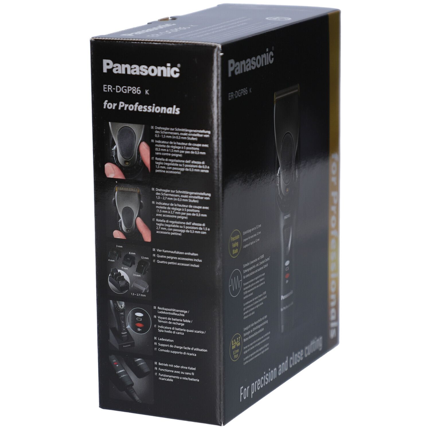 Schwarzer Karton mit Panasonic ER-DGP86 k Haarschneider. Seitenansicht mit Produktabbildungen und Text. Aufschrift: for Professionals.
