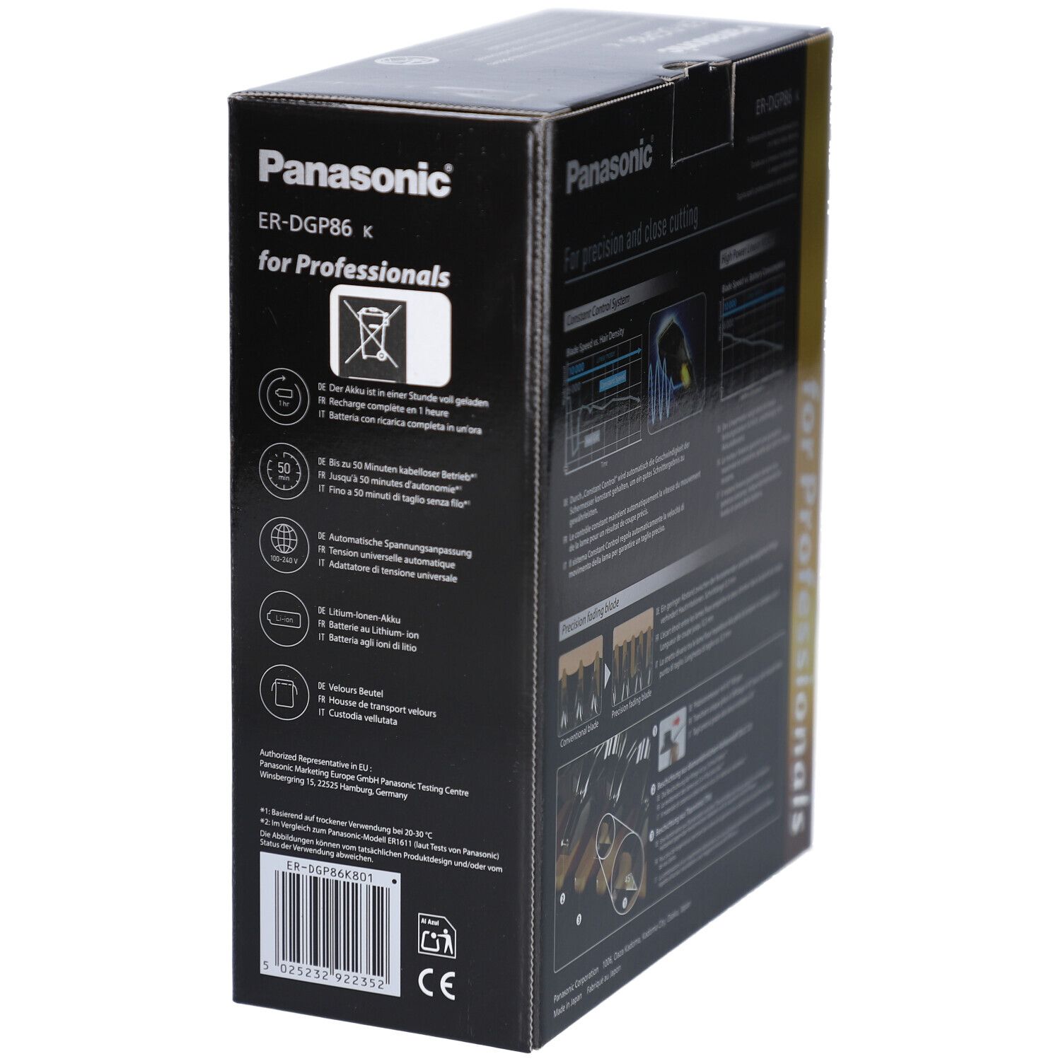 Schwarzer Karton mit Panasonic ER-DGP86 k Haarschneider. Rückseite mit Symbolen und Text. Aufschrift: for Professionals.