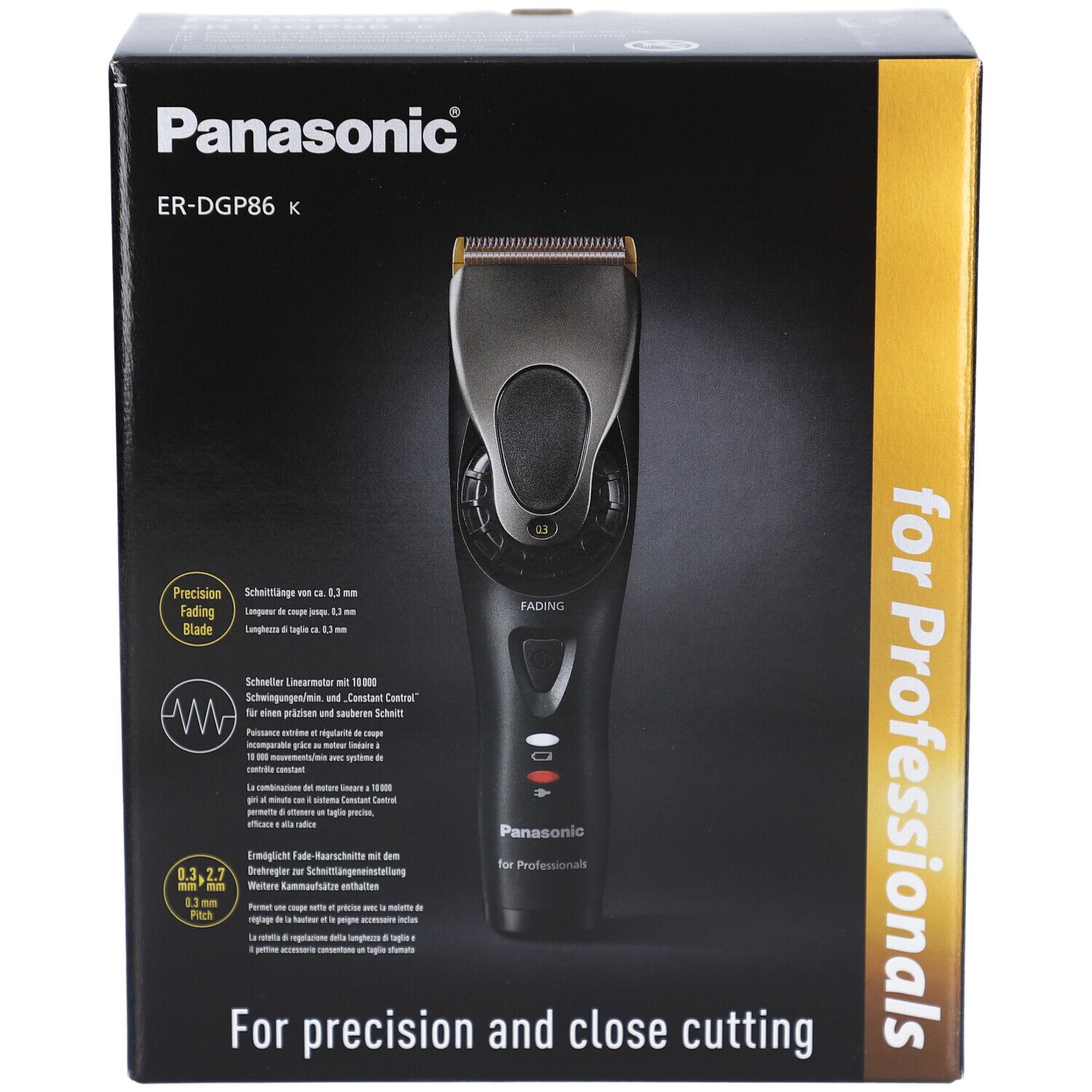 Schwarzer Karton mit Panasonic ER-DGP86 k Haarschneider. Vorderansicht des Produkts. Aufschrift: for Professionals.