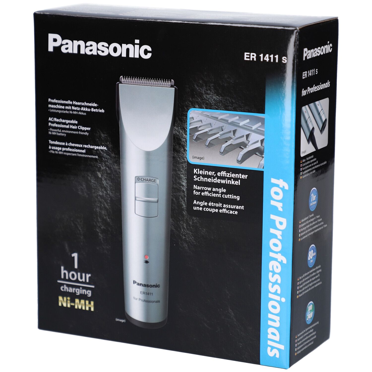 Schwarzer Karton. Panasonic ER 1411 S. Professioneller Trimmer. 1 Stunde Aufladung. Ni-MH. Abbildung des Trimmers und Schneidewinkels.
