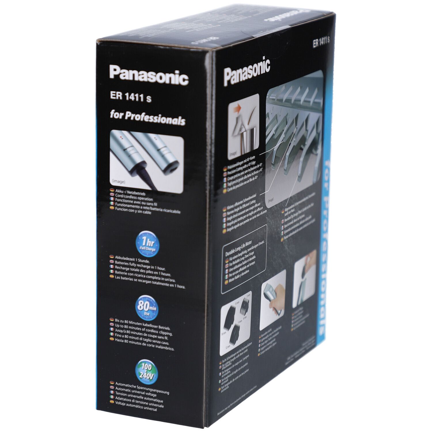 Schwarzer Karton. Panasonic ER 1411 S. Produktabbildung. Details zur Ladezeit und Akkulaufzeit. Abbildungen.