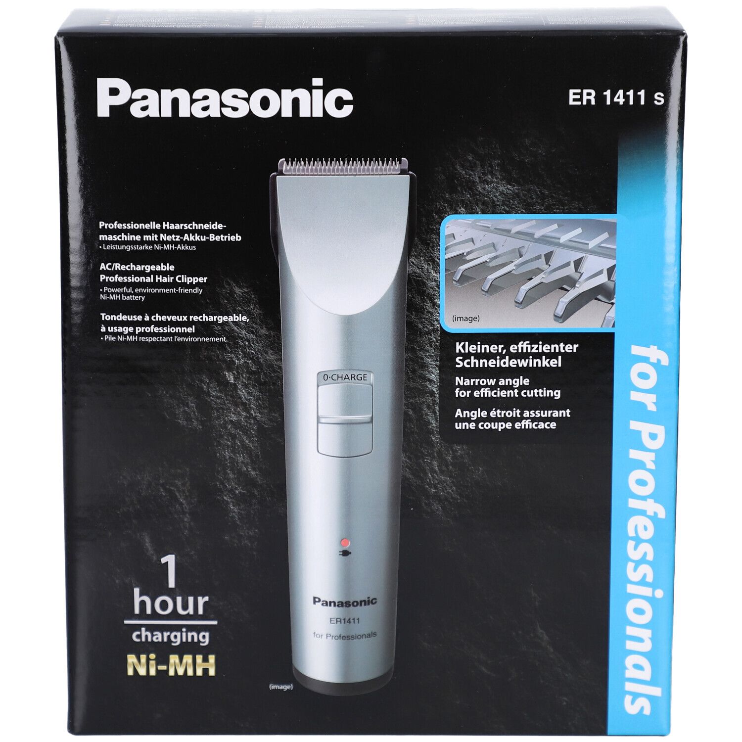 Schwarzer Karton. Panasonic ER 1411 S. Professioneller Trimmer. 1 Stunde Aufladung. Ni-MH. Produktabbildung.
