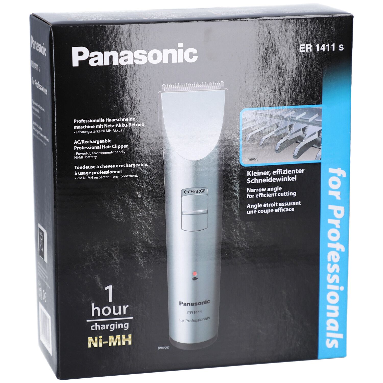 Schwarzer Karton. Panasonic ER 1411 S. Professioneller Trimmer. 1 Stunde Aufladung. Ni-MH. Produktabbildung.