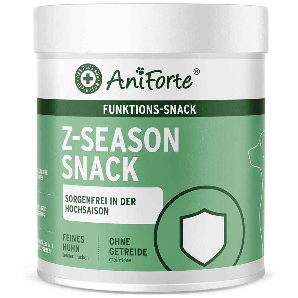 Boîte blanche avec couvercle vert. Inscription : AniForte, Snack fonctionnel, Z-Season Snack. Sans céréales, poulet tendre.