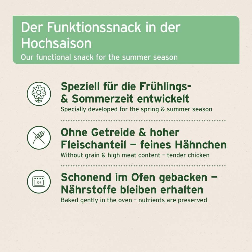 Texte avec informations sur le snack fonctionnel. Spécialement pour le printemps et l'été. Sans céréales, haute teneur en viande. Cuisson douce.