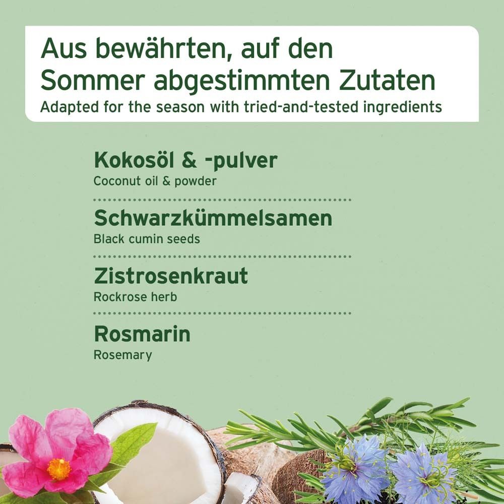 Texte avec ingrédients : huile de coco, graines de cumin noir, ciste, romarin. Décoration avec noix de coco, romarin et fleurs.