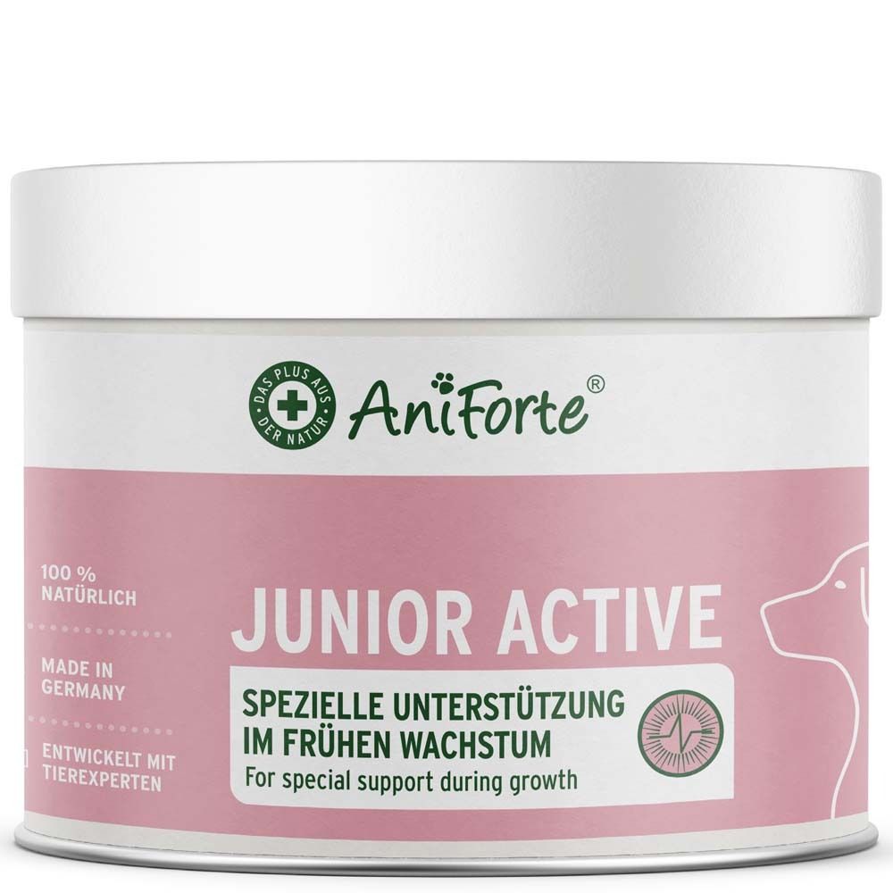 Runde Dose mit AniForte Junior Active. Rosa Etikett mit Text und Hundesilhouette. Deckel weiß.
