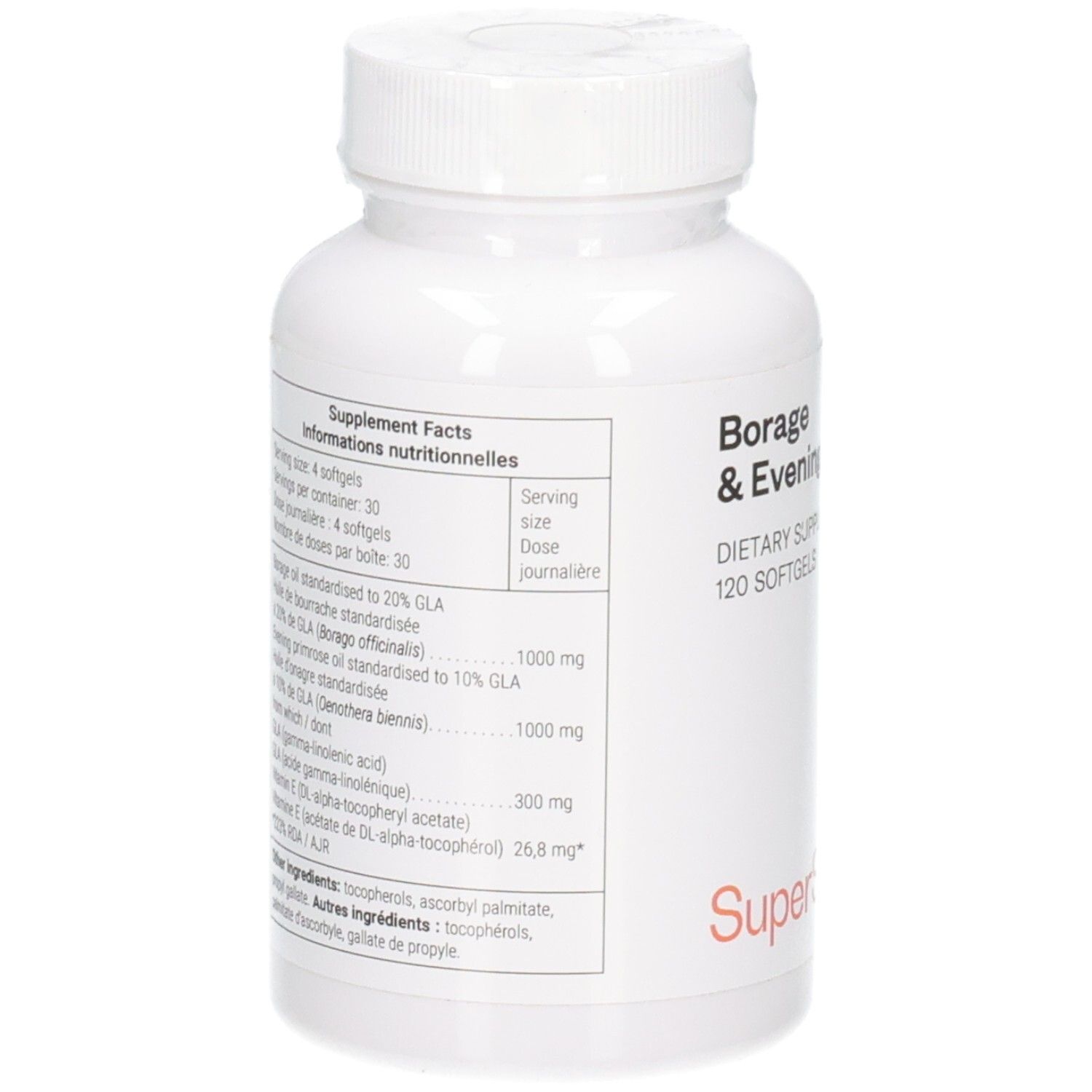 Rückseite der Flasche mit Nährwertangaben für Borage & Evening Primrose, 120 Softgels.