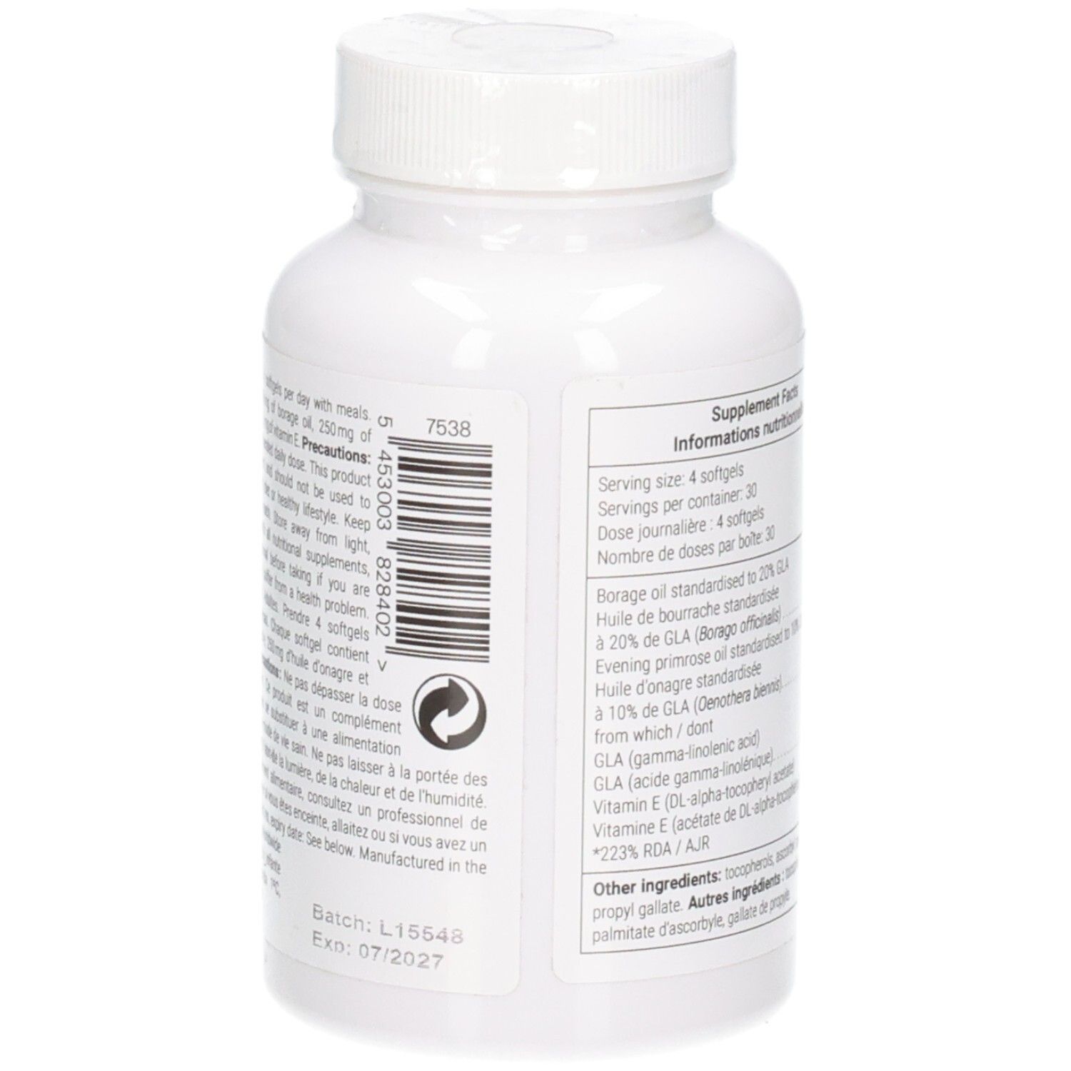 Rückseite der Flasche mit Barcode und Warnhinweisen für Borage & Evening Primrose, 120 Softgels.