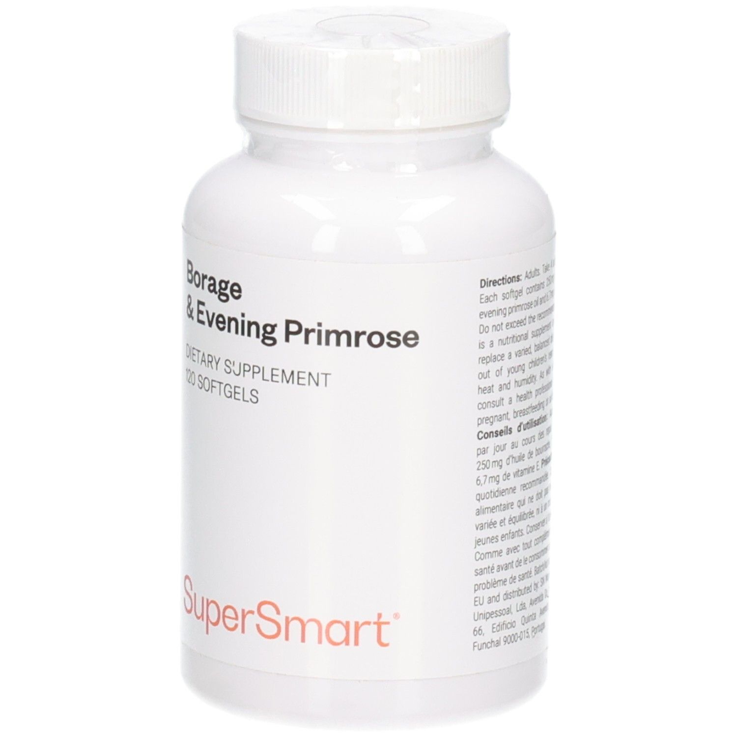 Vorderseite der Flasche mit Borage & Evening Primrose, 120 Softgels und SuperSmart Logo.
