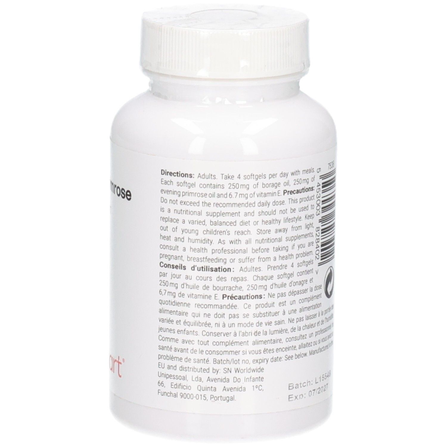 Rückseite der Flasche mit Anwendungshinweisen für Borage & Evening Primrose, 120 Softgels.