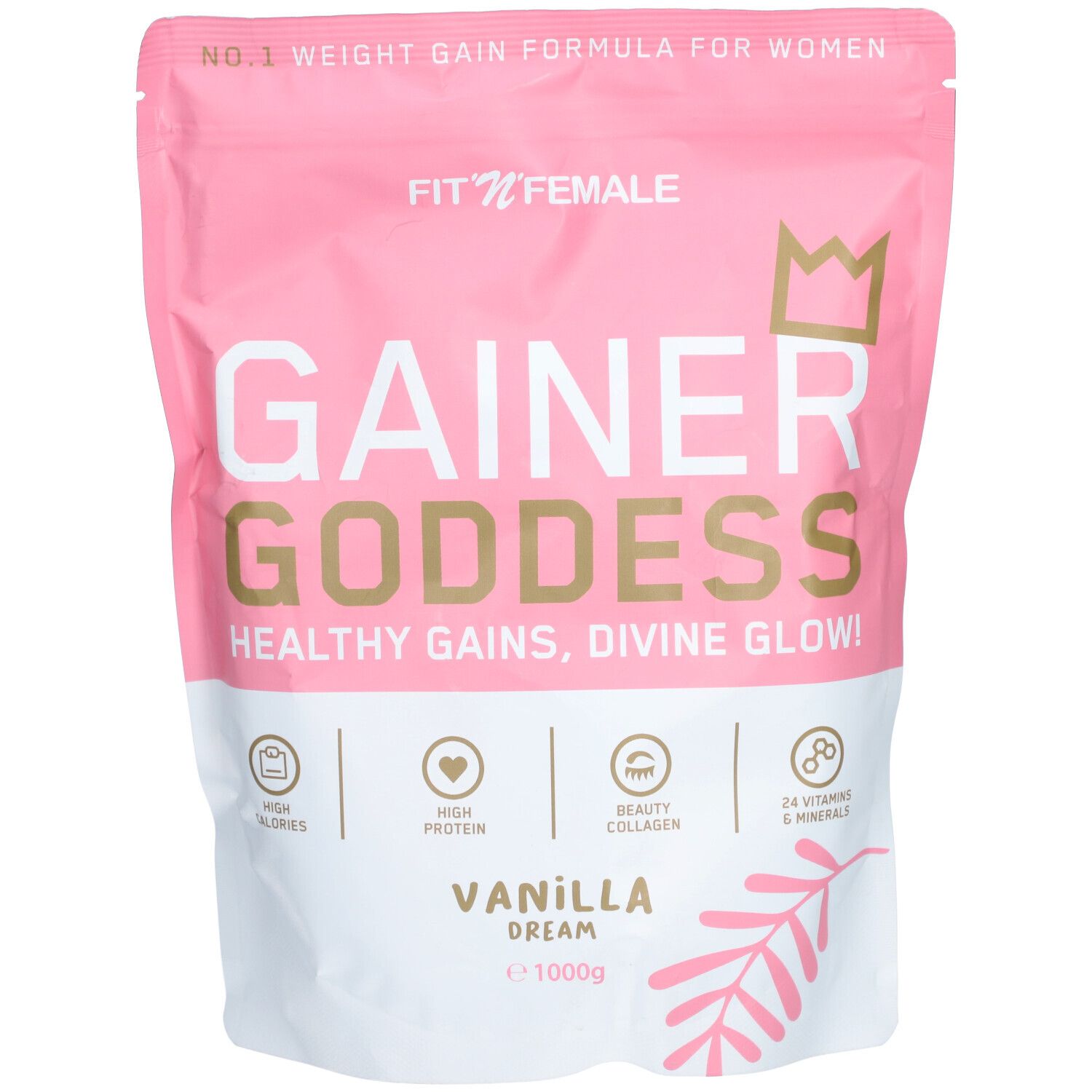 Rosa Beutel mit "FitnFemale" und "Gainer Goddess" Schriftzug. Enthält Proteinpulver. Aufdrucke: "Vanille Dream", Krone, Logos.