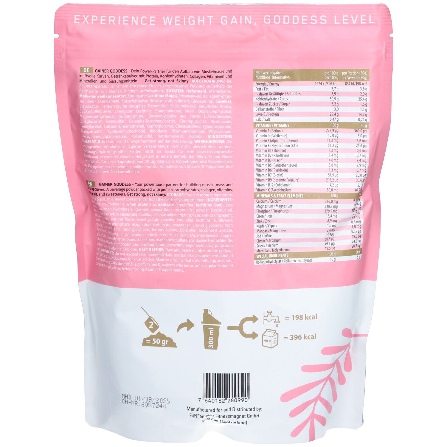 Rückseite des rosa Beutels. Text mit Nährwertangaben und Zubereitungshinweisen. Barcode und Logo. Rosa und weiß.