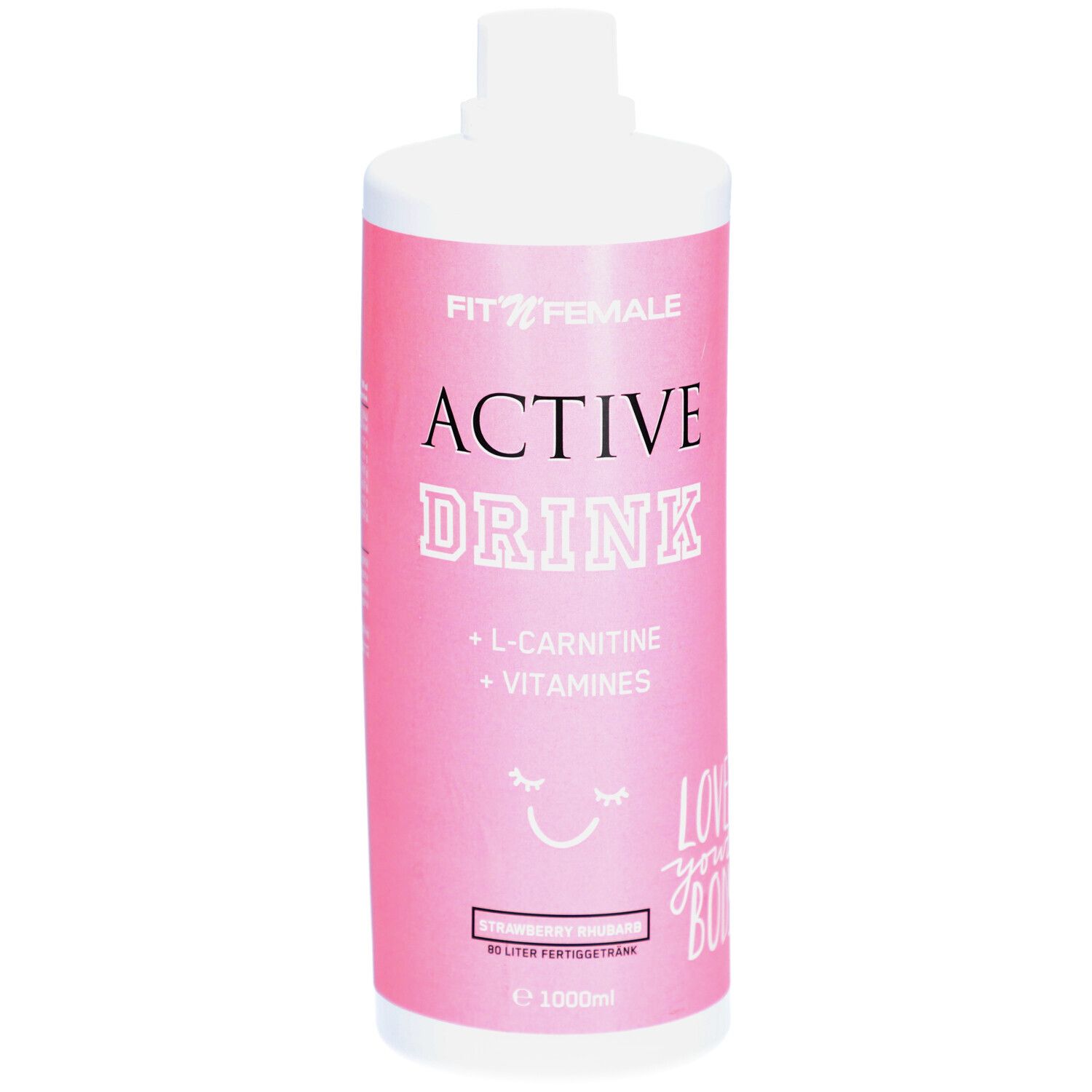 Rosa Flasche mit weißem Deckel. Aufschrift: FIT'N'FEMALE ACTIVE DRINK, L-Carnitin, Vitamine. 1000ml.