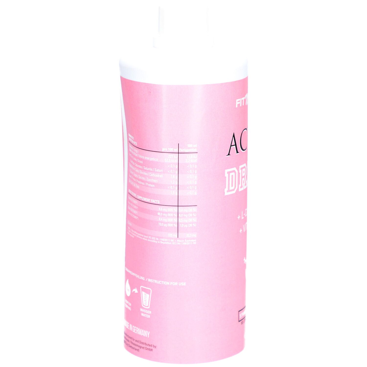 Rosa Flasche, Seitenansicht. Text: ACTIVE DRINK, L-Carnitin, Vitamine. Informationen und Zubereitungshinweise.