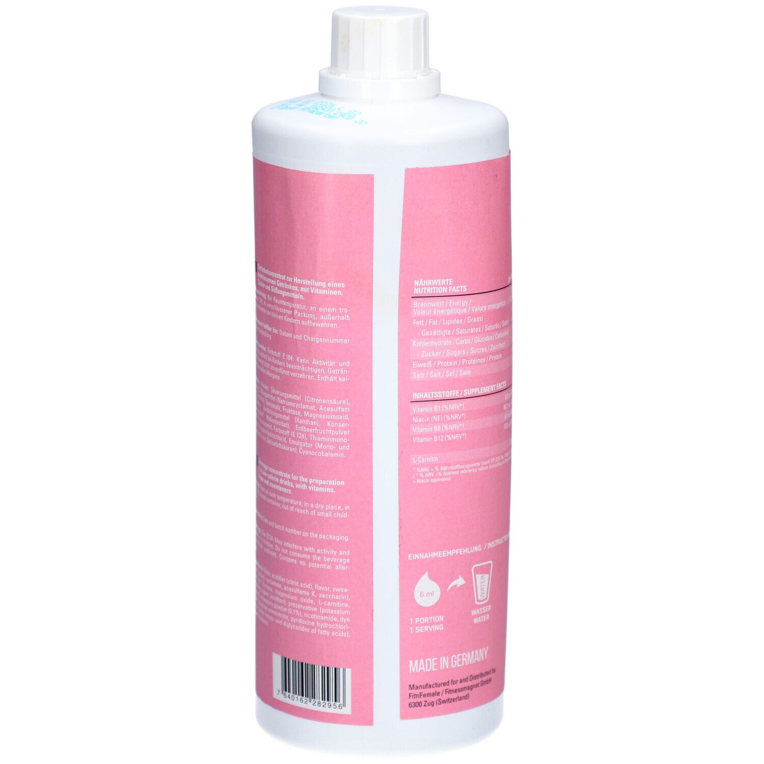 Rückseite der rosa Flasche. Text: Informationen, Zubereitungshinweise, Inhaltsstoffe. Hergestellt in Deutschland.