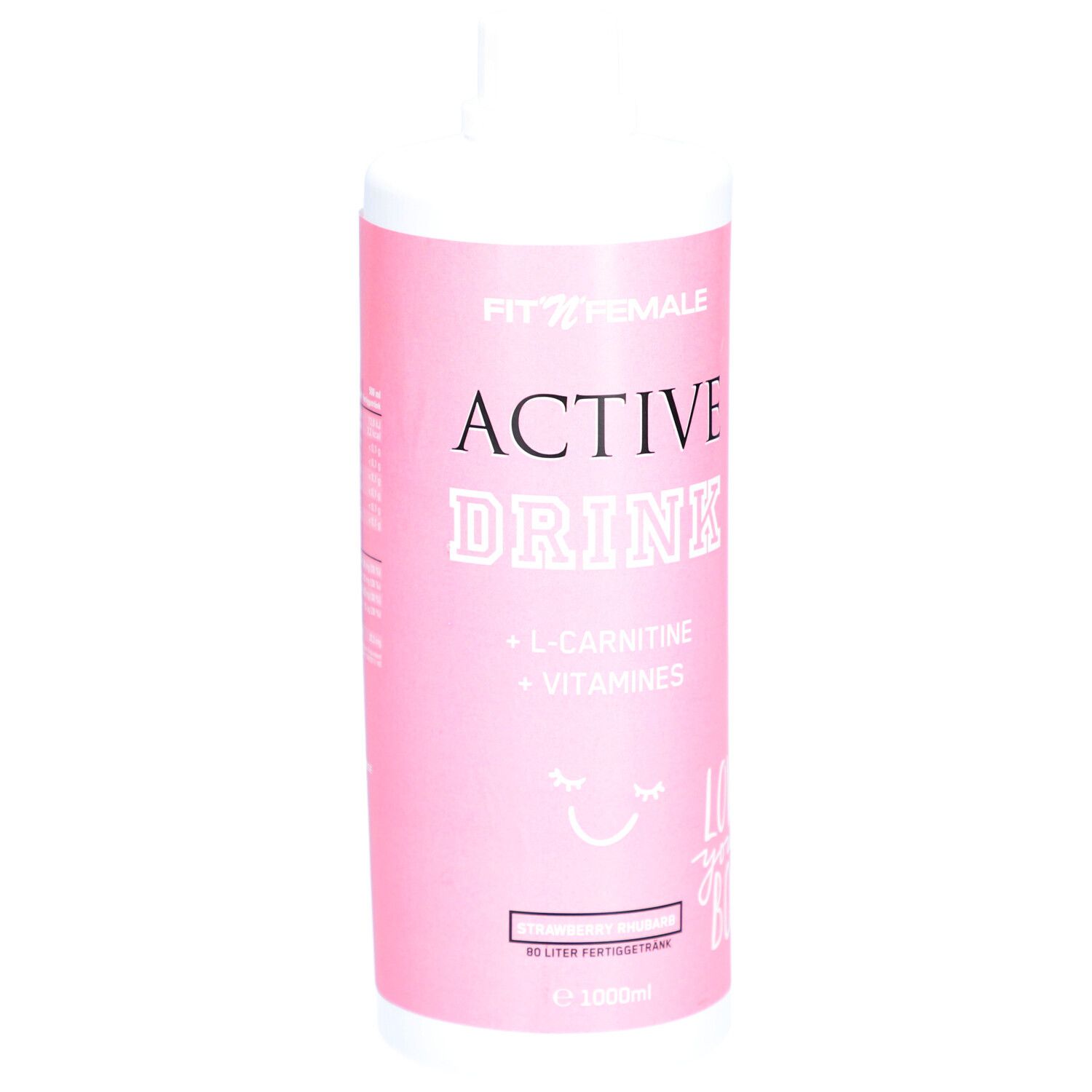 Rosa Flasche mit weißem Deckel. Aufschrift: FIT'N'FEMALE ACTIVE DRINK, L-Carnitin, Vitamine. 1000ml.