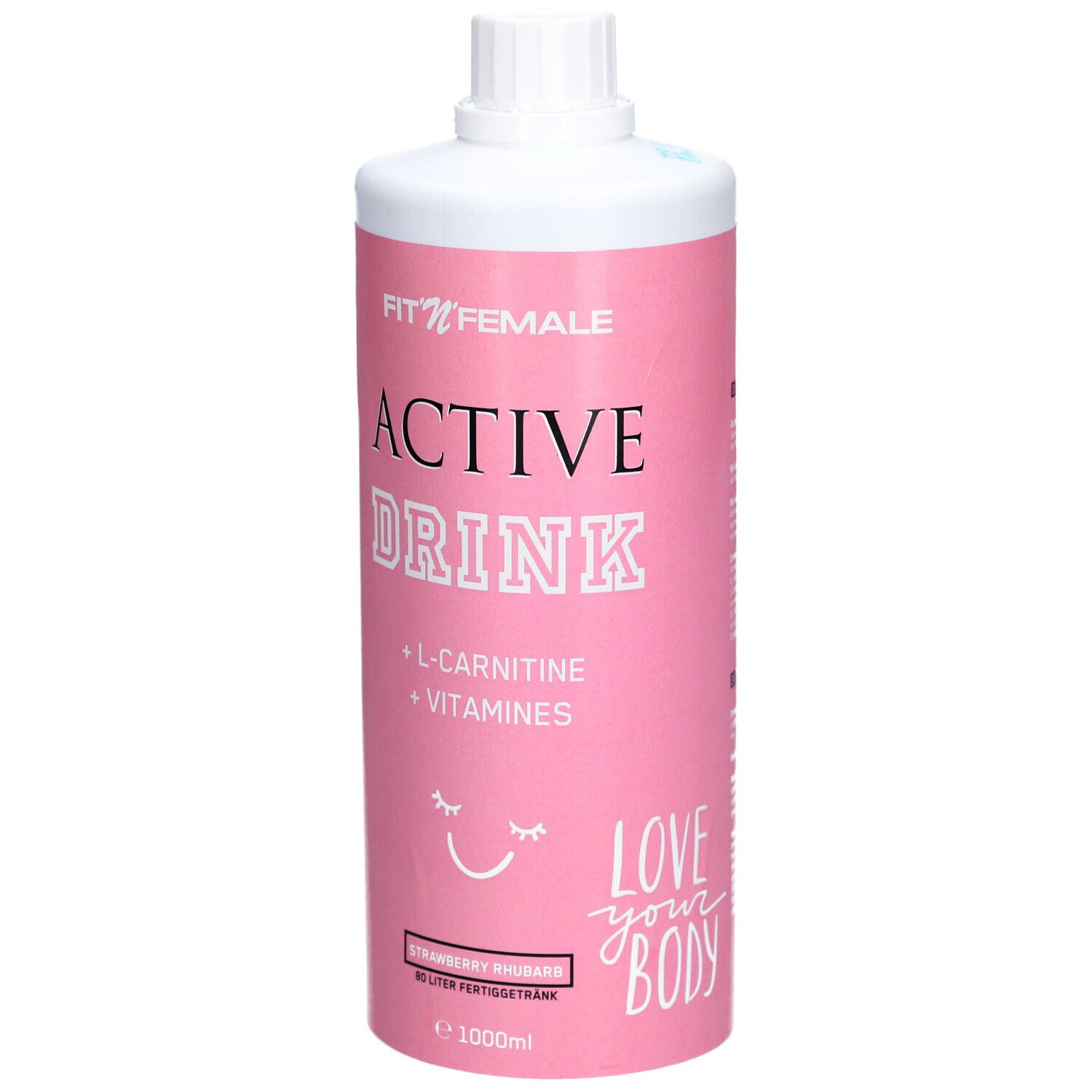 Rosa Flasche mit weißem Deckel. Aufschrift: FIT'N'FEMALE ACTIVE DRINK, L-Carnitin, Vitamine. Geschmack: Erdbeere Rhabarber. 1000ml.