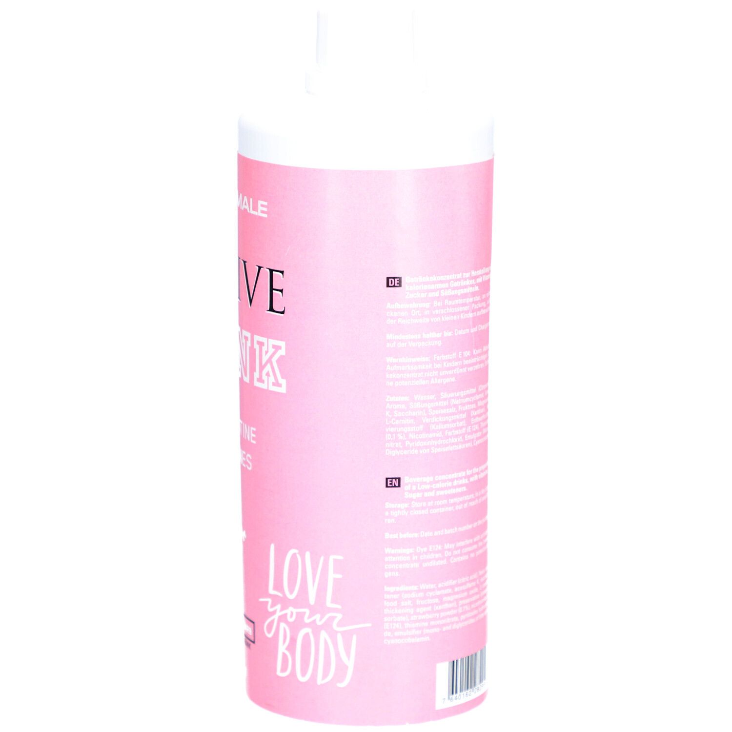 Rosa Flasche, Seitenansicht. Text: ACTIVE DRINK, L-Carnitin, Vitamine. Informationen und Zubereitungshinweise.