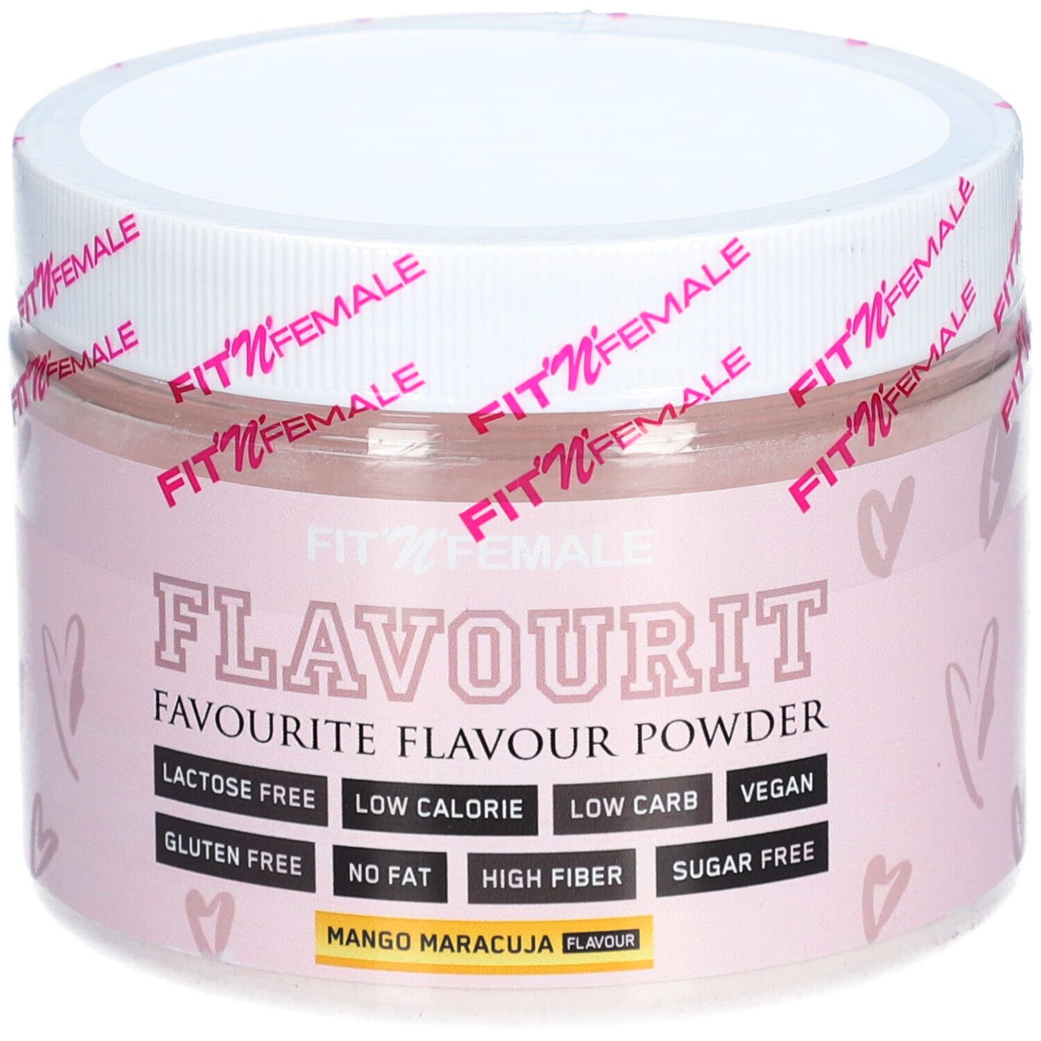 Rosa Dose mit weißem Deckel. Aufschrift: FLAVOURIT, Mango Maracuja. Angaben zu Inhaltsstoffen: laktosefrei, zuckerfrei.
