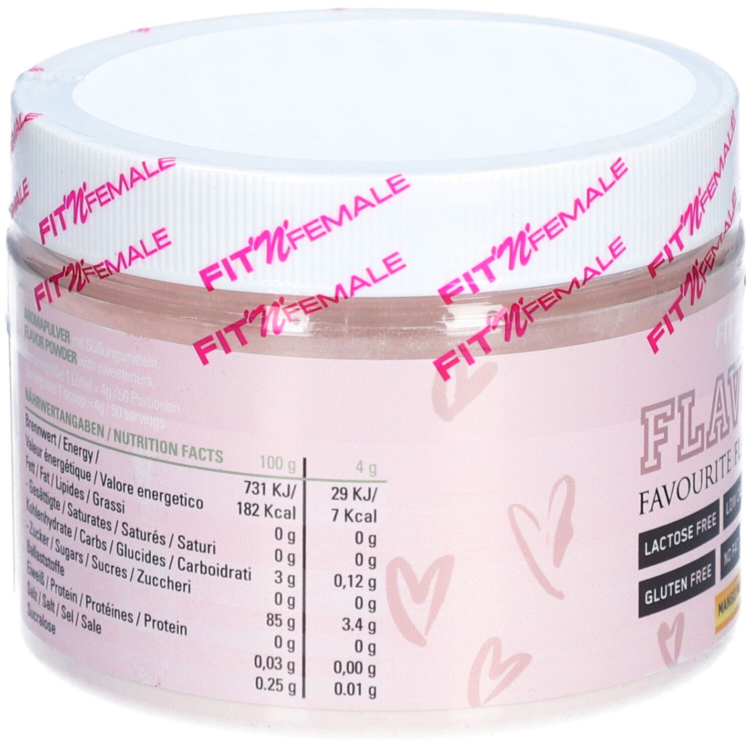 Rückseite der Dose. Nährwertangaben für 100g und 4g. Angaben zu Fett, Kohlenhydrate, Zucker, Ballaststoffe, Eiweiß, Salz.