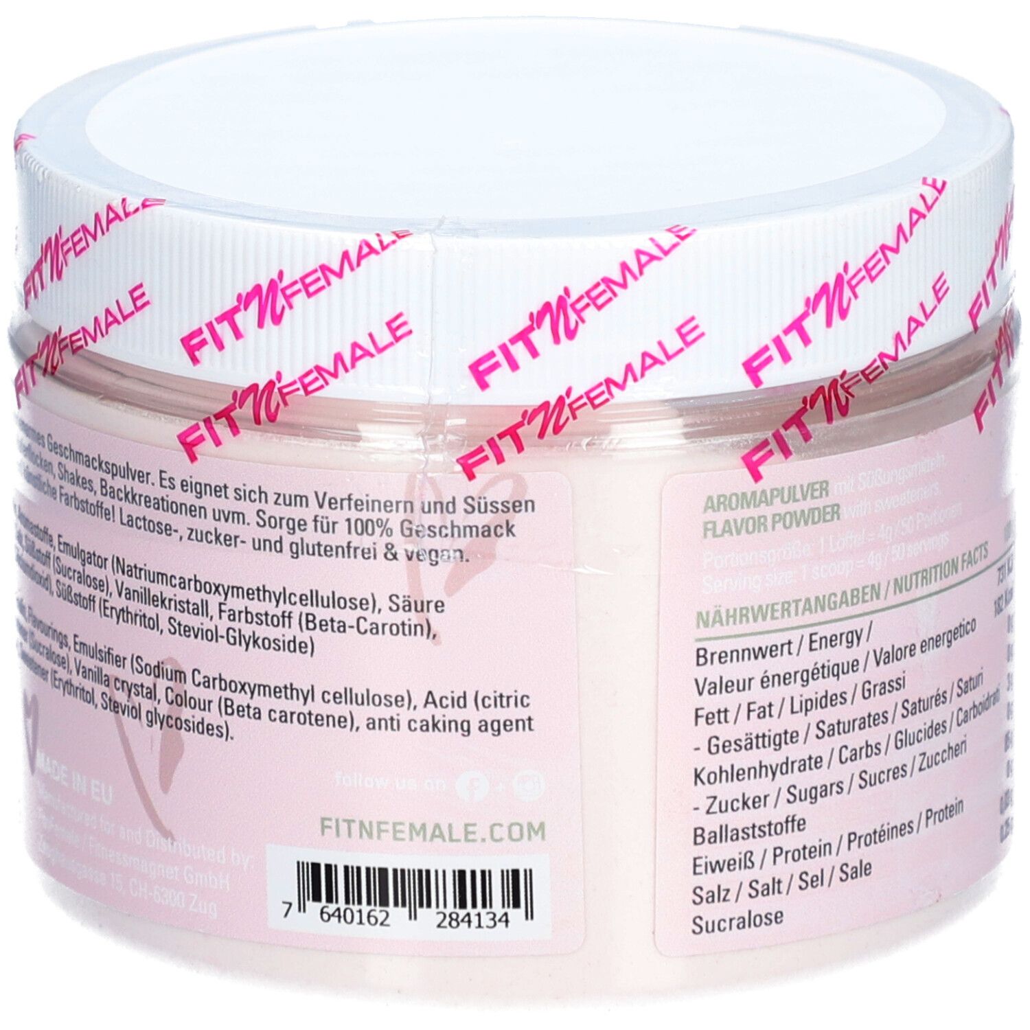 Rückseite der Dose. Zutatenliste: Inulin, Aromastoffe, Emulgator, Säure, Farbstoff, Süßstoff. Kontaktinformationen und Barcode.