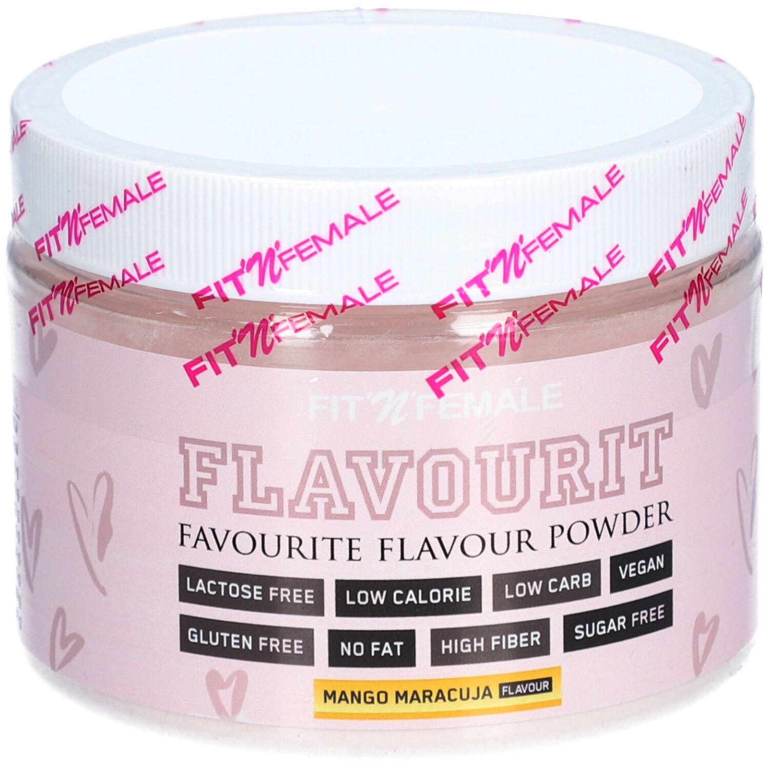 Rosa Dose mit weißem Deckel. Aufschrift: FLAVOURIT, Mango Maracuja. Angaben zu Inhaltsstoffen: laktosefrei, zuckerfrei.