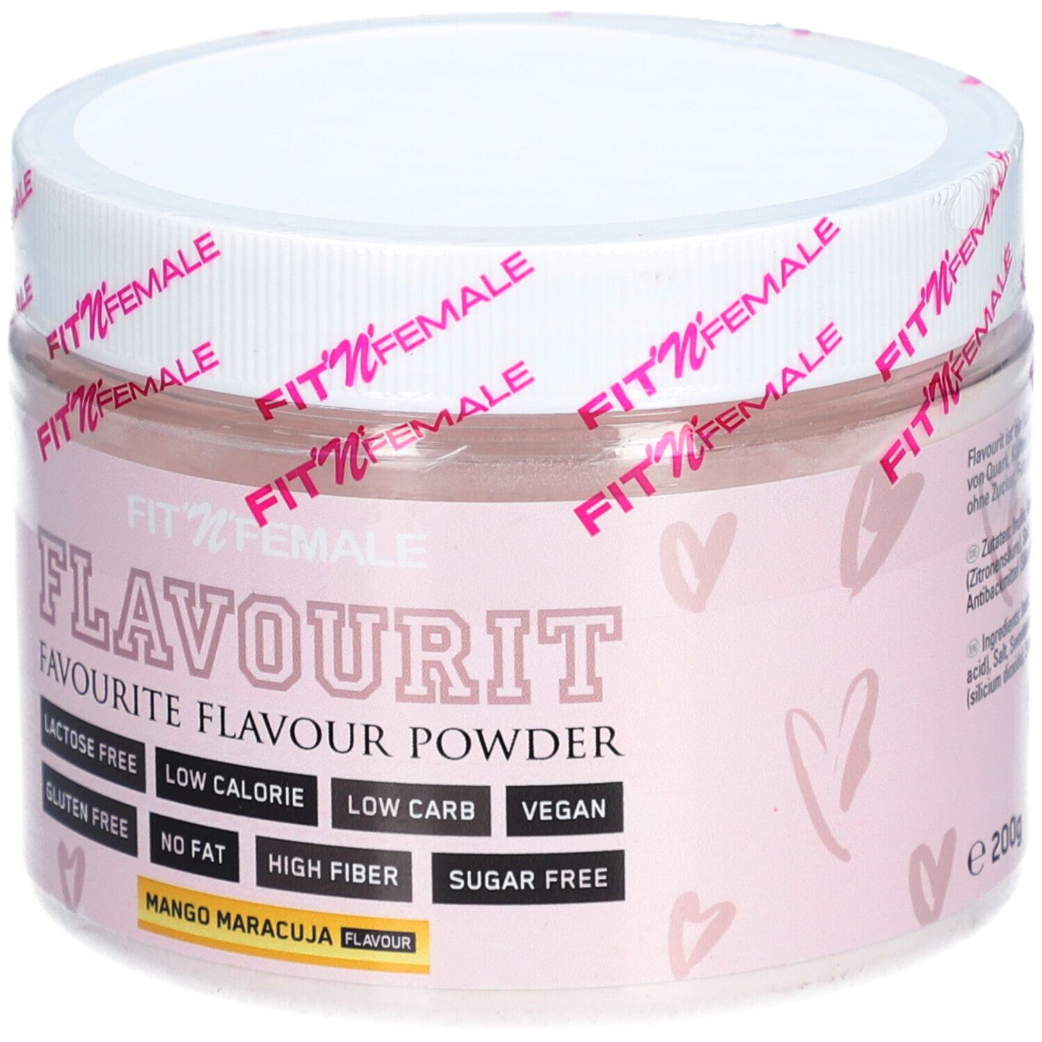 Rosa Dose mit weißem Deckel. Aufschrift: FLAVOURIT, Mango Maracuja. Angaben zu Inhaltsstoffen: laktosefrei, zuckerfrei. 200g.