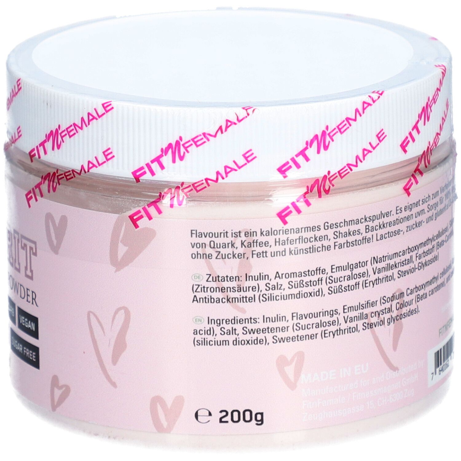 Rückseite der Dose. Zutatenliste: Inulin, Aromastoffe, Emulgator, Säure, Farbstoff, Süßstoff. 200g.