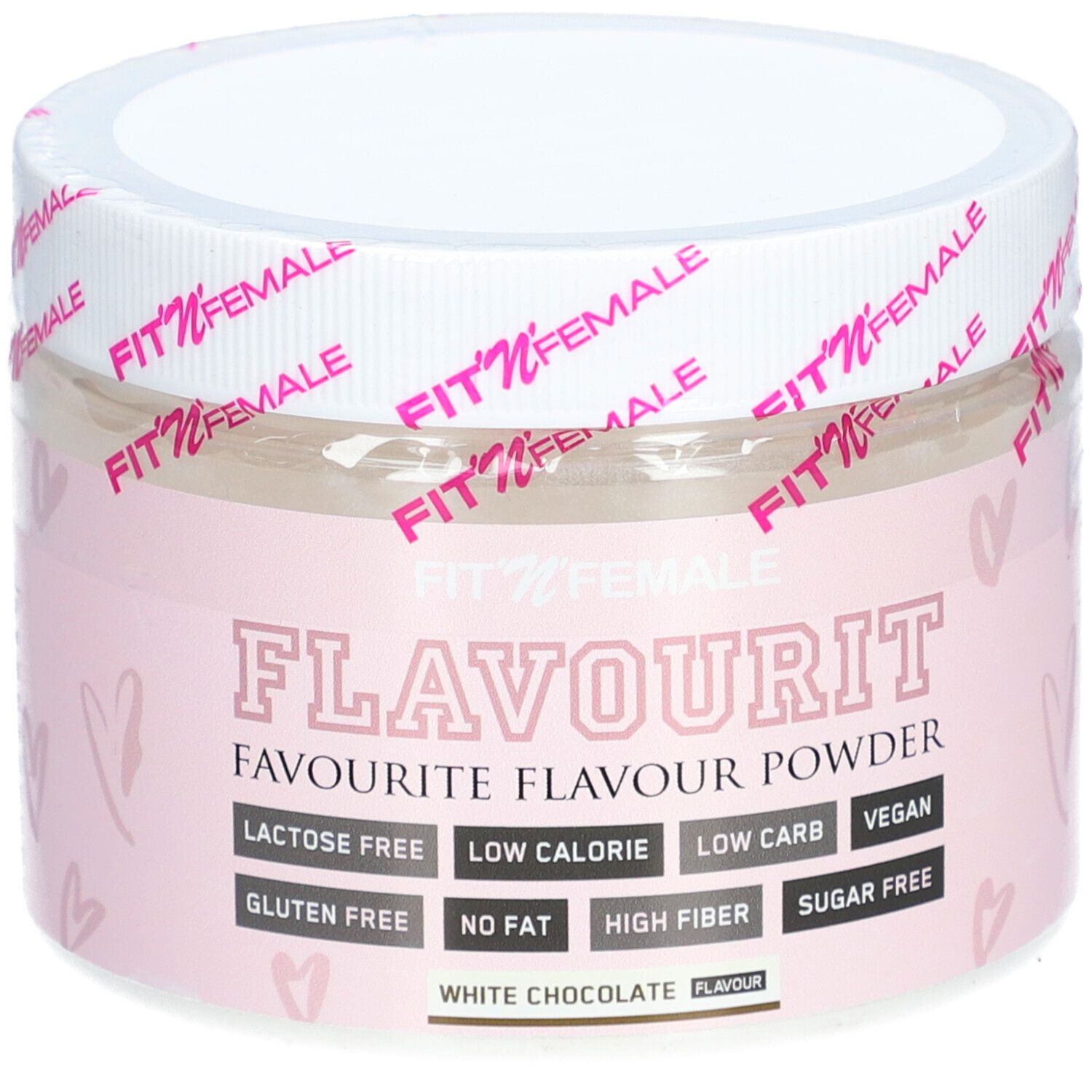 Poudre blanche en pot. Inscriptions: Fit'nFemale, Flavourit, White Chocolate Flavour. Sans lactose, sans sucre.