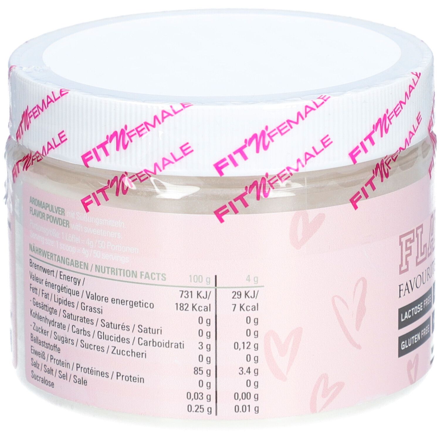 Informations nutritionnelles sur l'étiquette. Pour 100g et 4g: énergie, matières grasses, glucides, sucres, protéines, sel. Contient du sucralose.