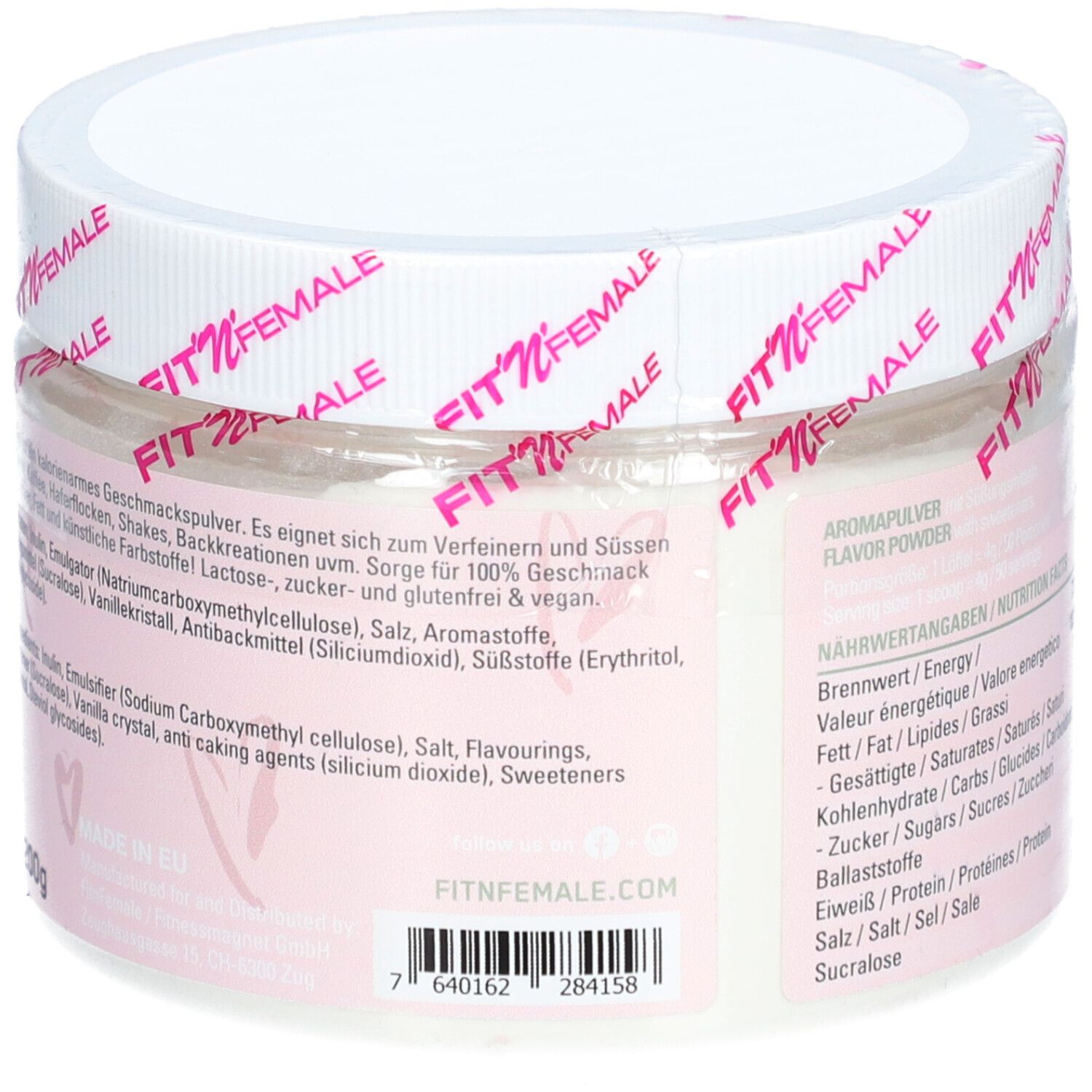 Dos du pot. Inscriptions: poudre aromatisée, ingrédients, informations nutritionnelles, informations fabricant. Contient des édulcorants.