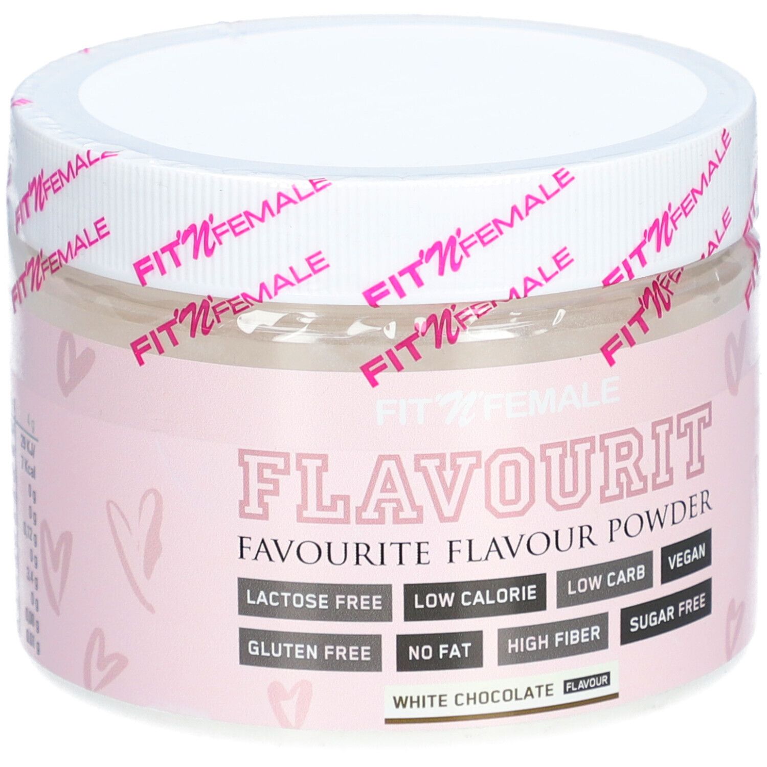 Poudre blanche en pot. Inscriptions: Fit'nFemale, Flavourit, White Chocolate Flavour. Sans lactose, sans sucre.