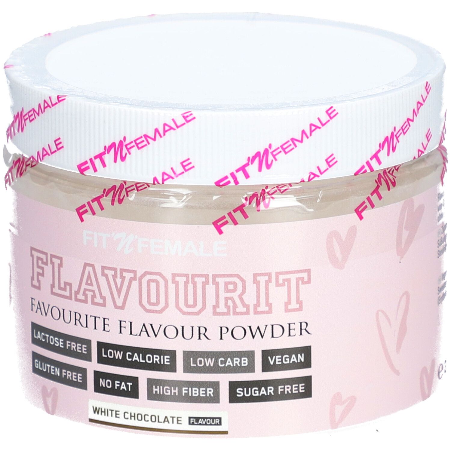 Poudre blanche en pot. Inscriptions: Fit'nFemale, Flavourit, White Chocolate Flavour. Sans lactose, sans sucre.