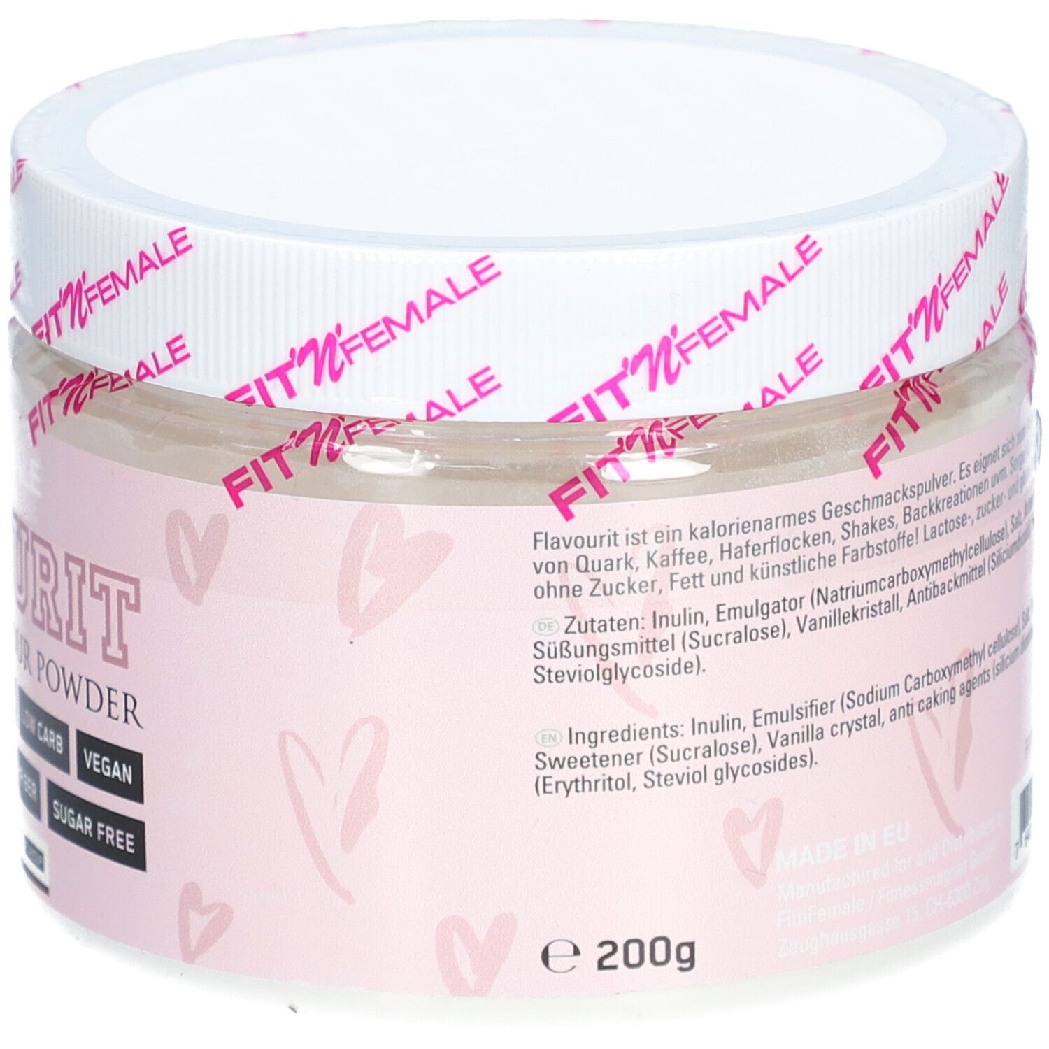 Pot de poudre blanche. Inscriptions: Flavourit, ingrédients, informations nutritionnelles. Contient des édulcorants. Poids: 200g.