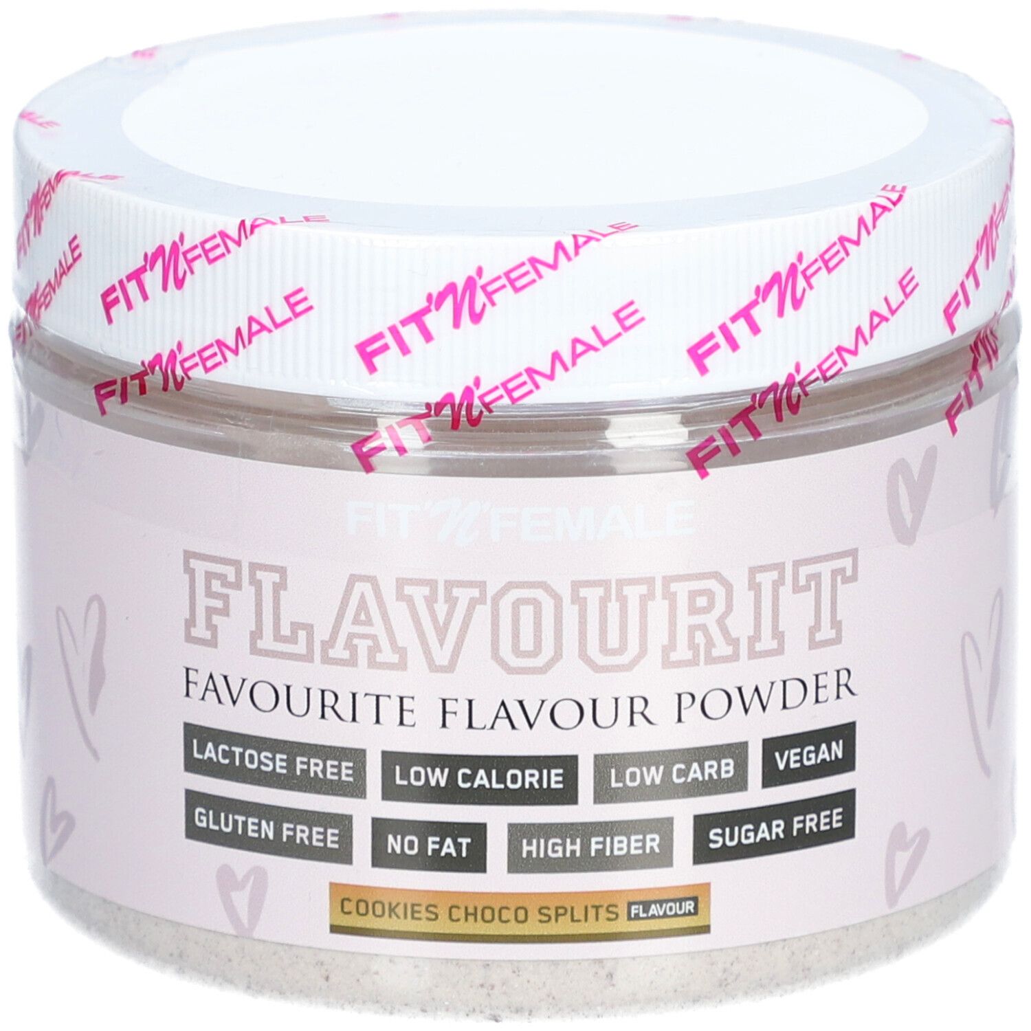 Behälter mit FitnFemale Flavourit Puder. Aufschrift: Flavourit, Cookies Choco Splits, Laktosefrei, Low Calorie, Low Carb, Vegan, Glutenfrei, No Fat, High Fiber, Sugar Free.