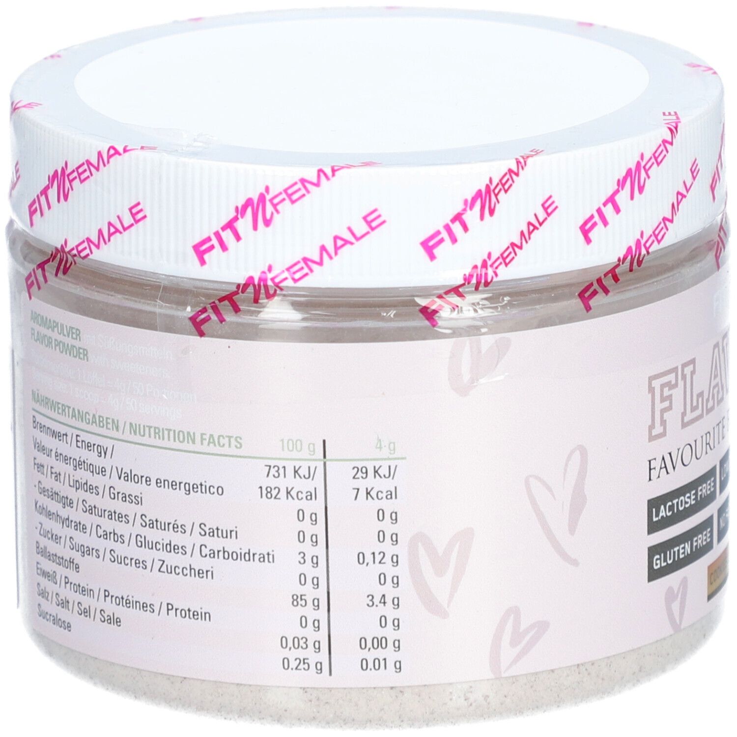 Behälter mit Nährwertangaben. Enthält Informationen zu Energie, Fett, Kohlenhydraten, Zucker, Eiweiß und Salz. Auch Informationen zu 100g und 4g.