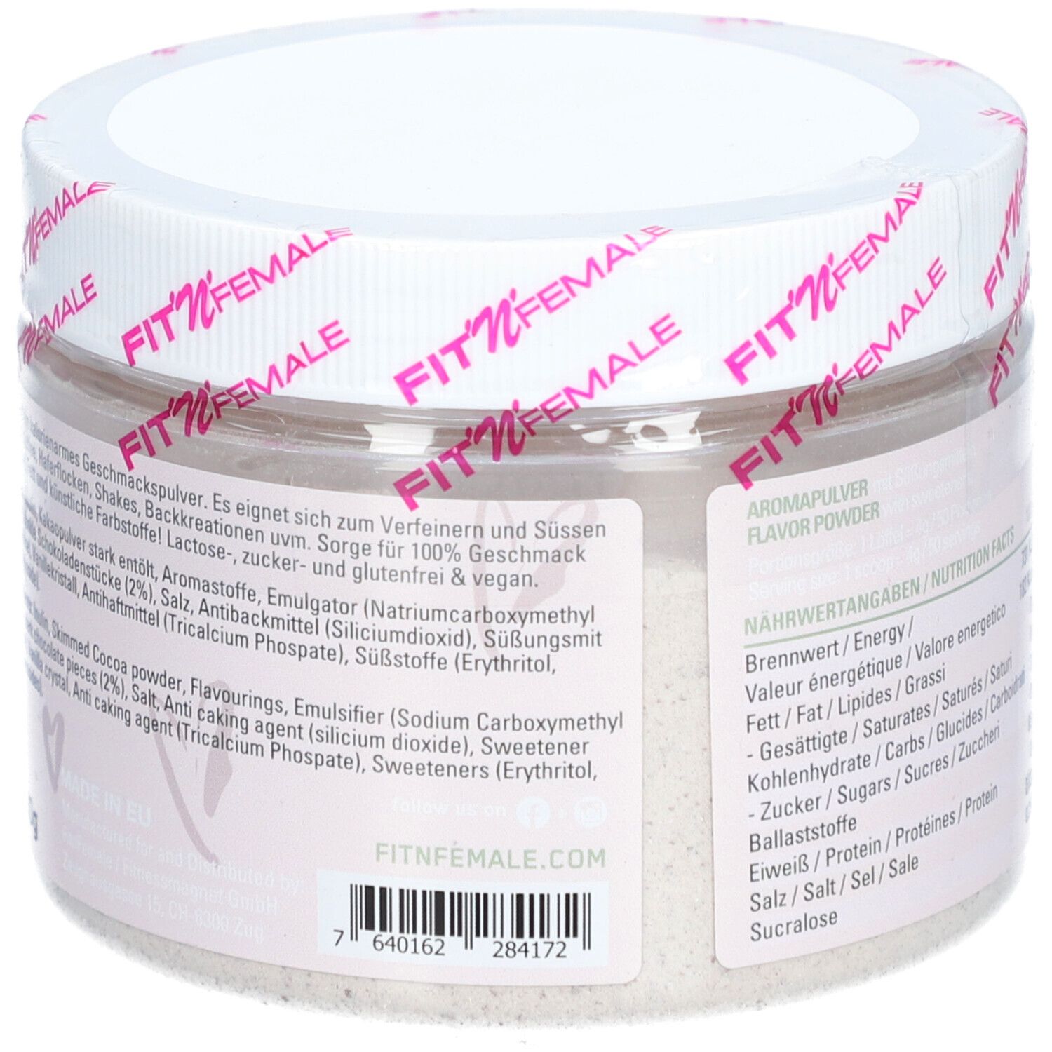 Behälter mit Text. Enthält Informationen über Aromapulver, Zutaten, Nährwertangaben und Hersteller. Enthält auch einen Barcode.