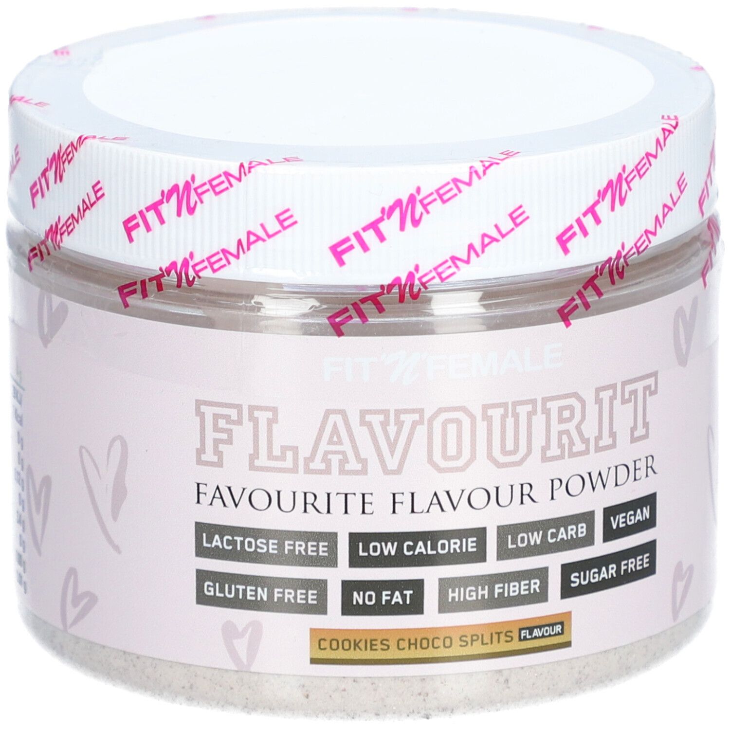 Behälter mit FitnFemale Flavourit Puder. Aufschrift: Flavourit, Cookies Choco Splits, Laktosefrei, Low Calorie, Low Carb, Vegan, Glutenfrei, No Fat, High Fiber, Sugar Free.