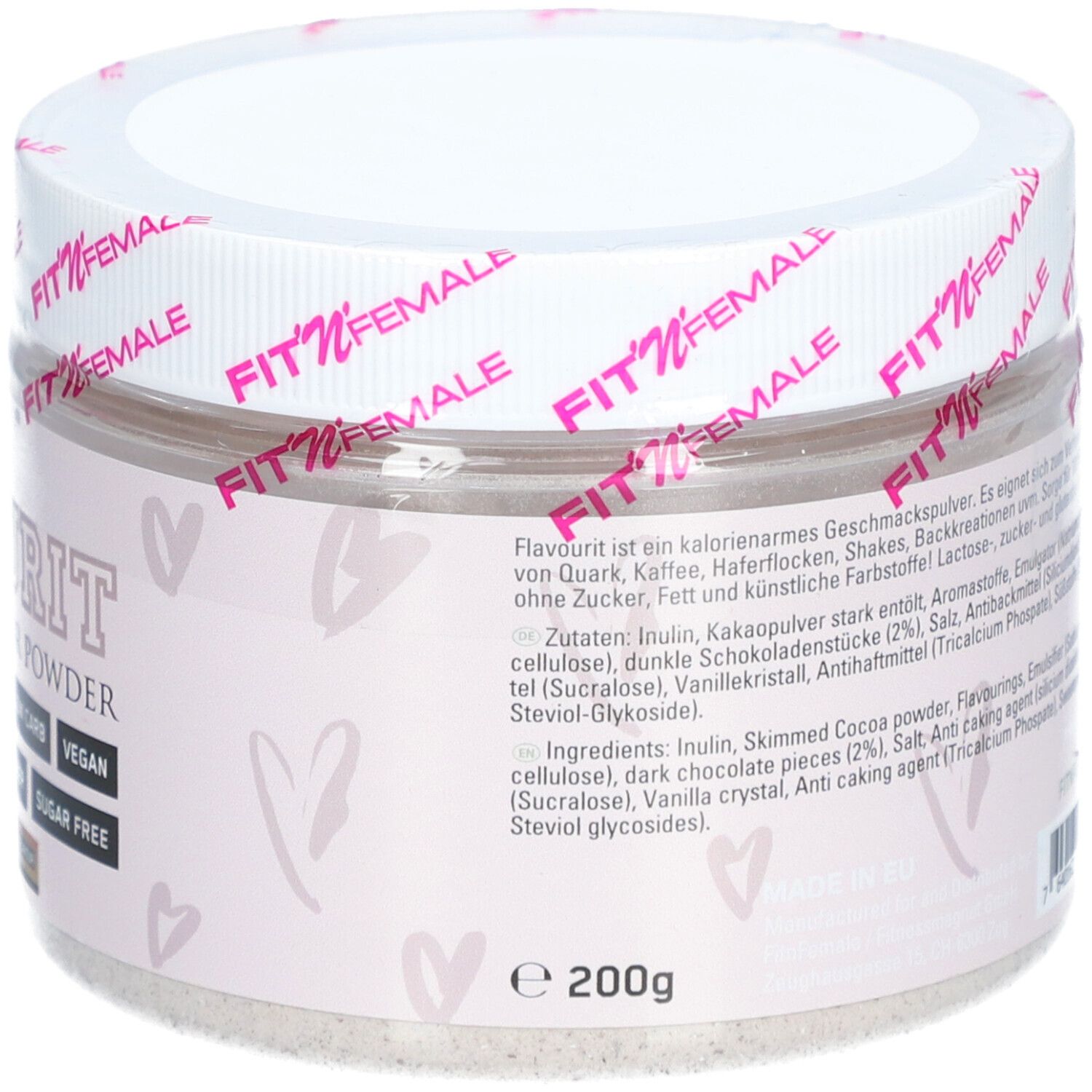 Behälter mit FitnFemale Flavourit Puder. Aufschrift: Flavourit, Cookies Choco Splits, Zutaten, 200g. Enthält Inulin, Kakaopulver, Schokoladenstücke, Süßstoffe.