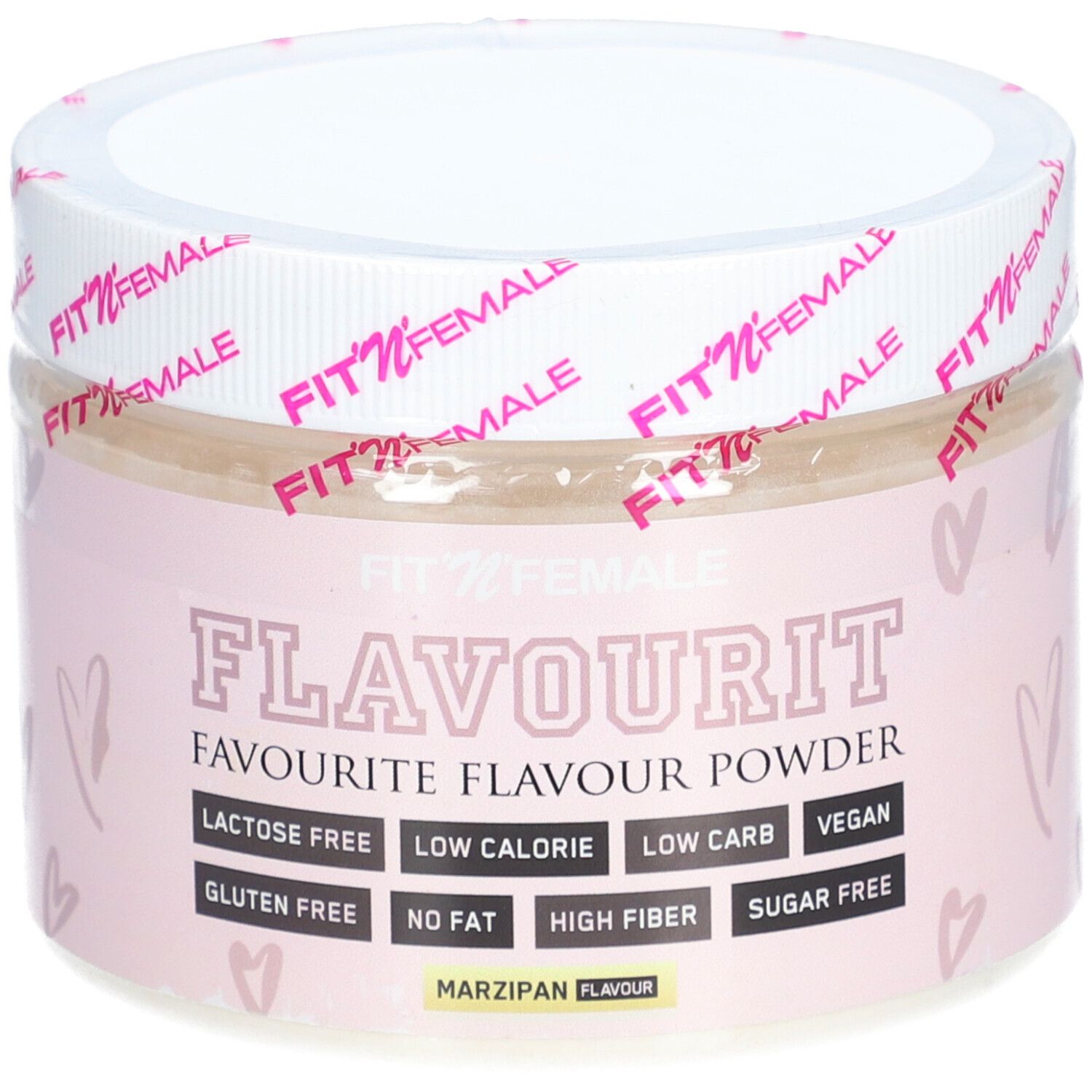 Pot rose avec couvercle blanc. Inscription: FLAVOURIT, Marzipan. Indications: sans lactose, faible en calories, faible en glucides, végétalien, sans gluten, sans gras, riche en fibres, sans sucre.