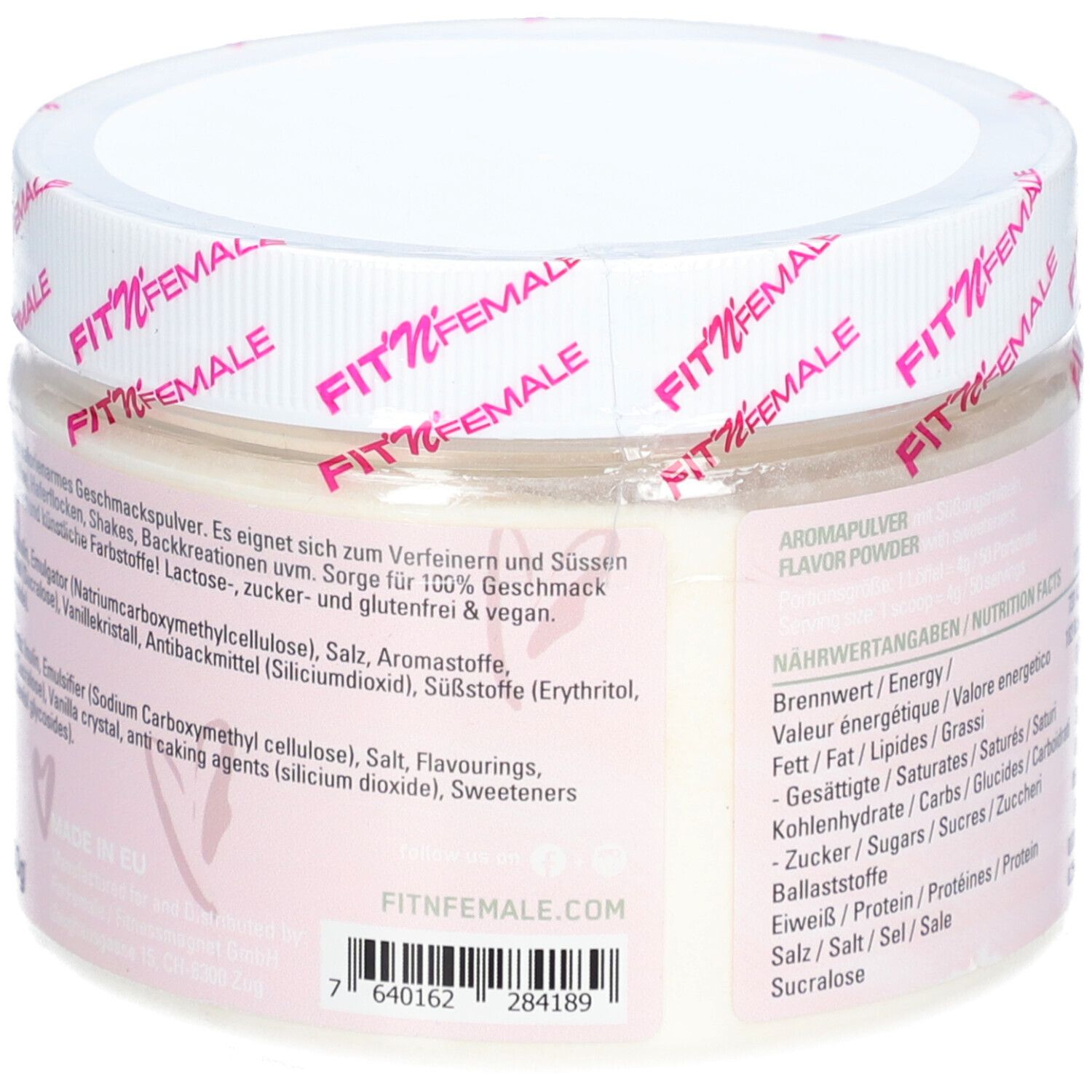 Pot rose avec couvercle blanc. Inscription: FLAVOURIT, poudre aromatisée. Ingrédients et informations nutritionnelles. Inscription: FIT'N FEMALE.